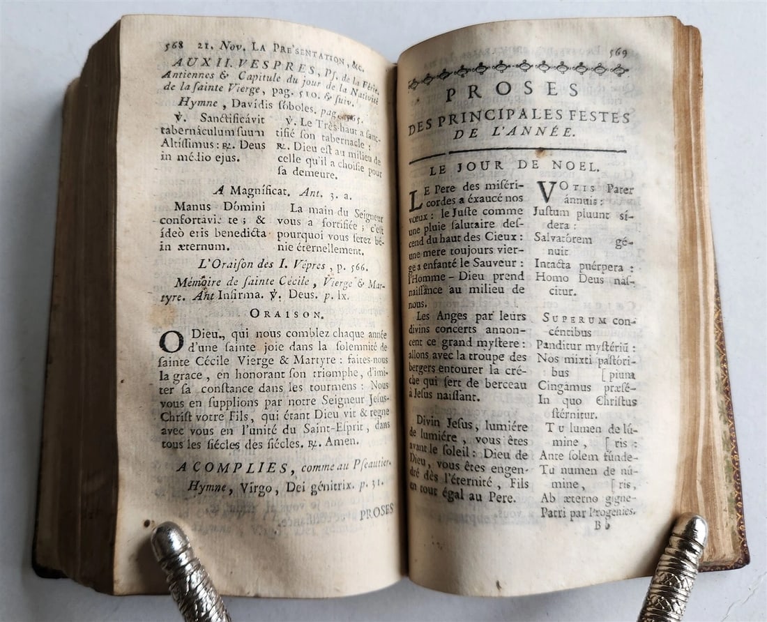 1753 BREVIARY in FRENCH & LATIN antique DECORATIVE MOROCCO BINDING - 11