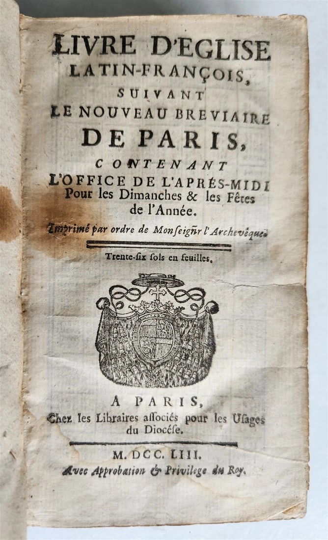 1753 BREVIARY in FRENCH & LATIN antique DECORATIVE MOROCCO BINDING - 2