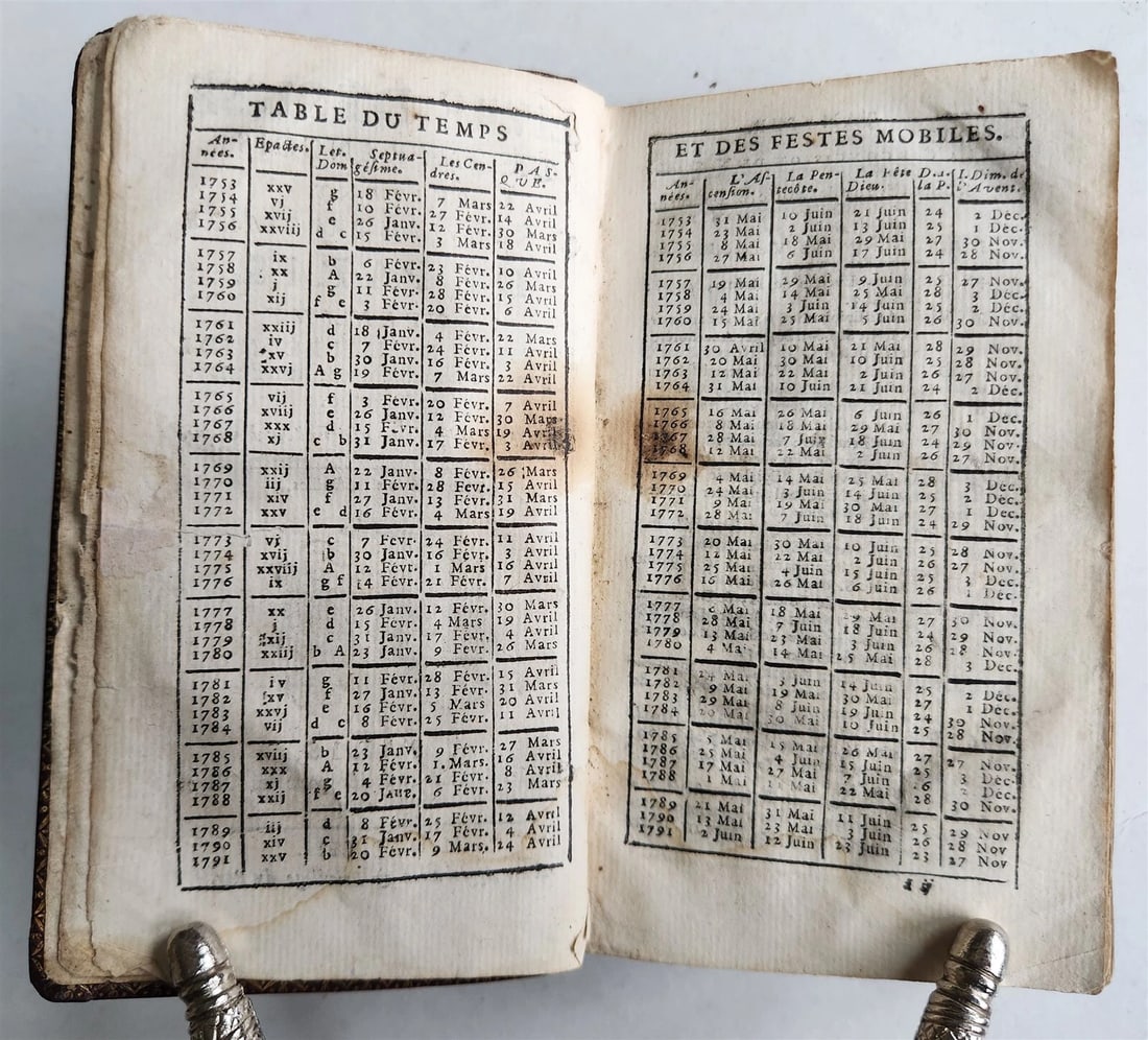 1753 BREVIARY in FRENCH & LATIN antique DECORATIVE MOROCCO BINDING - 5