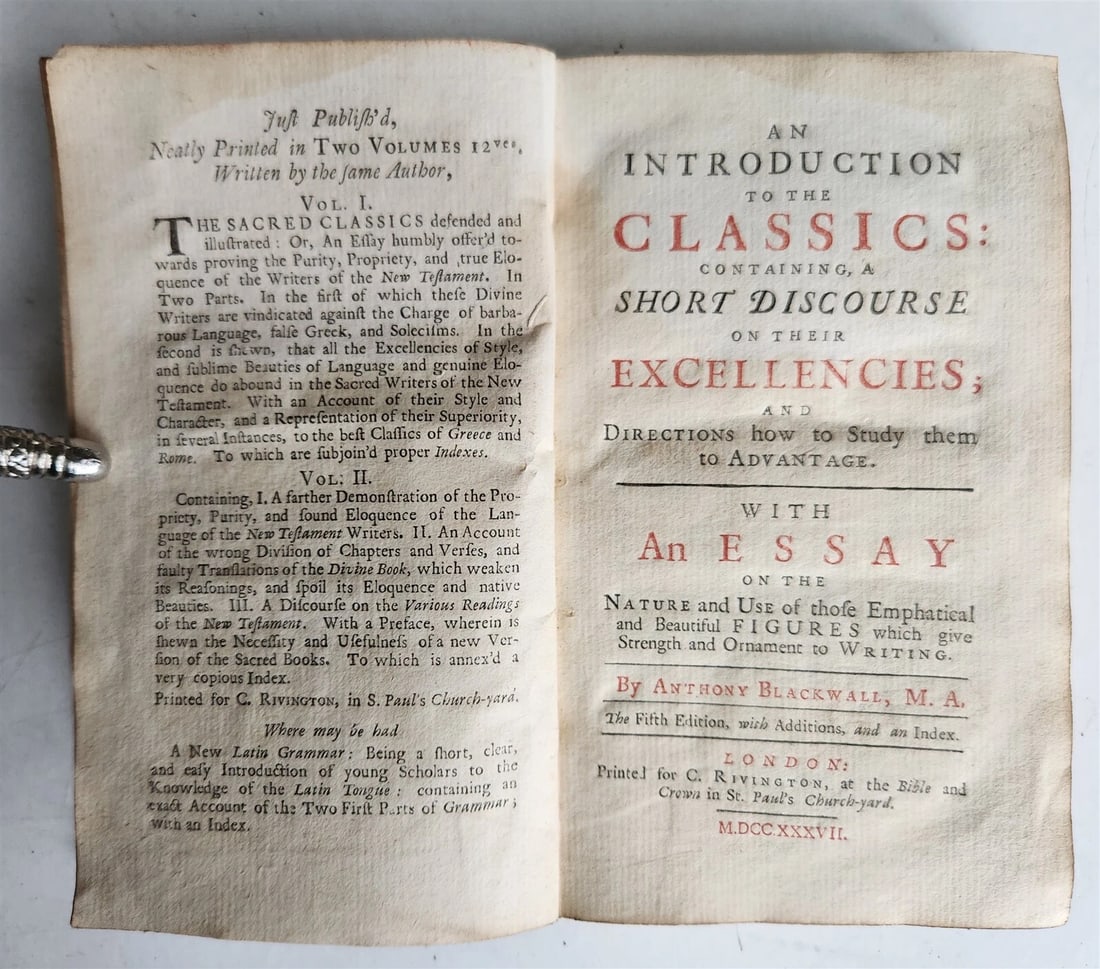 1737 INTRODUCTION TO THE CLASSICS antique by Anthony Blackwall in ENGLISH (1 of 5)