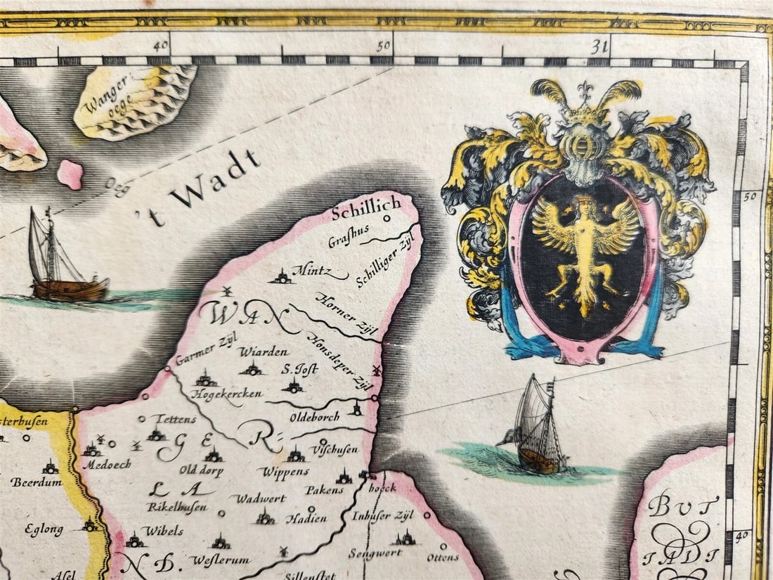 1640 MAP of GERMANY OSTFRIESLAND by WILLEM BLAEU antique AUTHENTIC hand colored - 3