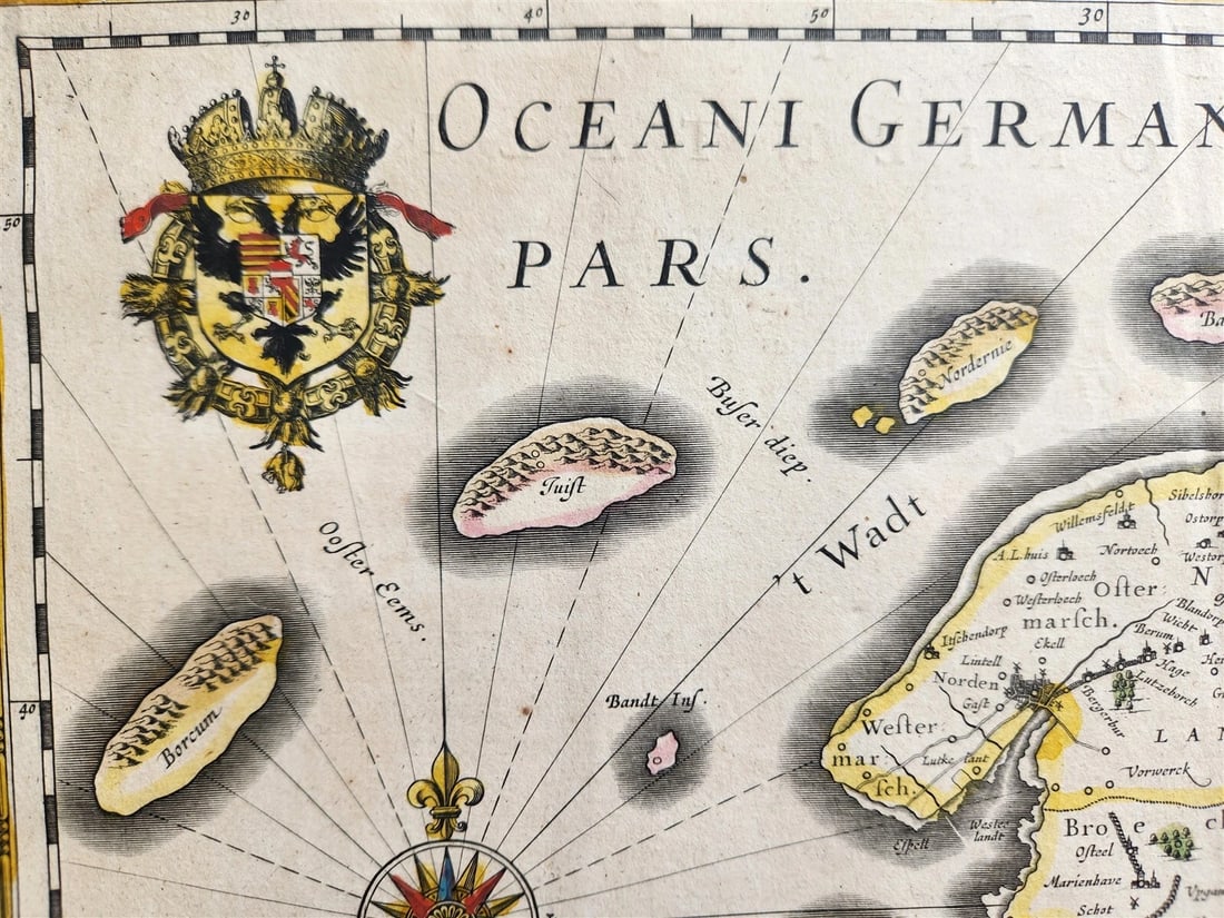 1640 MAP of GERMANY OSTFRIESLAND by WILLEM BLAEU antique AUTHENTIC hand colored - 4