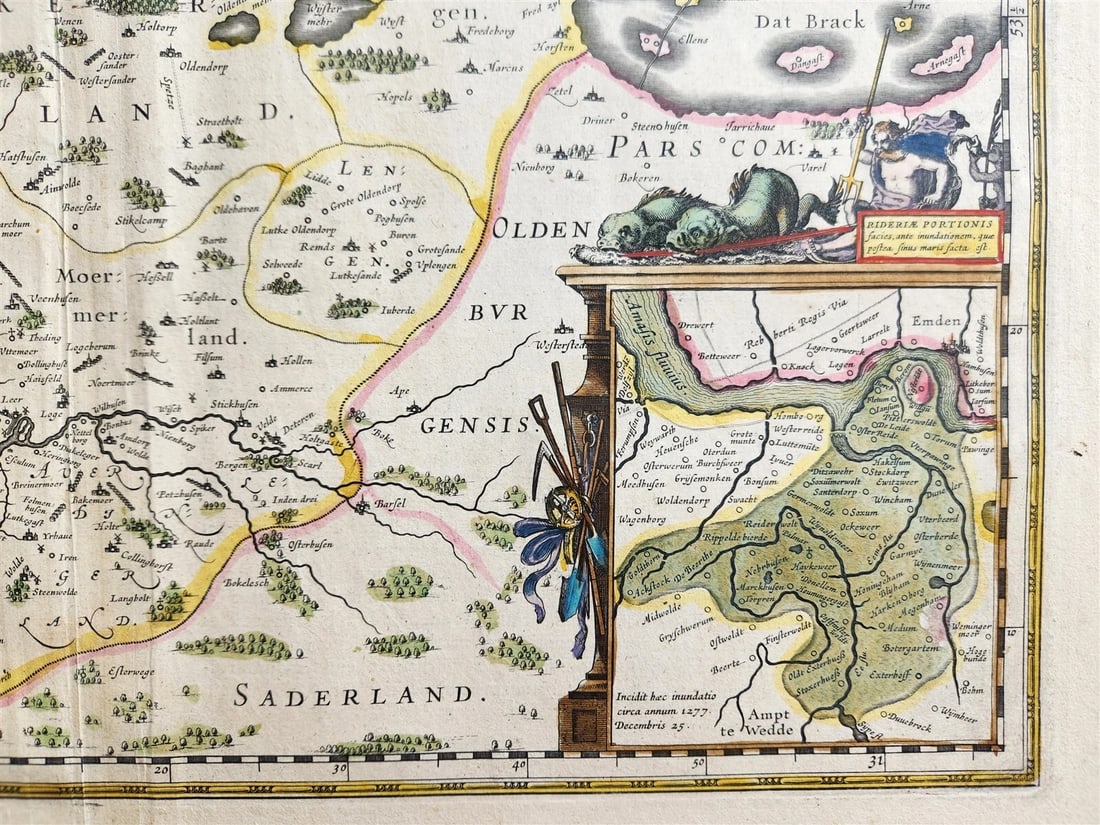 1640 MAP of GERMANY OSTFRIESLAND by WILLEM BLAEU antique AUTHENTIC hand colored - 5