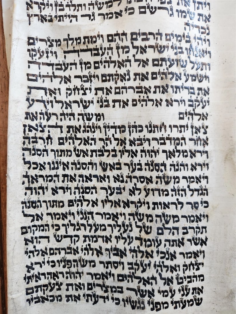 TORAH SCROLL FRAGMENT MANUSCRIPT on VELLUM antique BIBLE GENESIS 48:6 Exodus 3:7 - 8