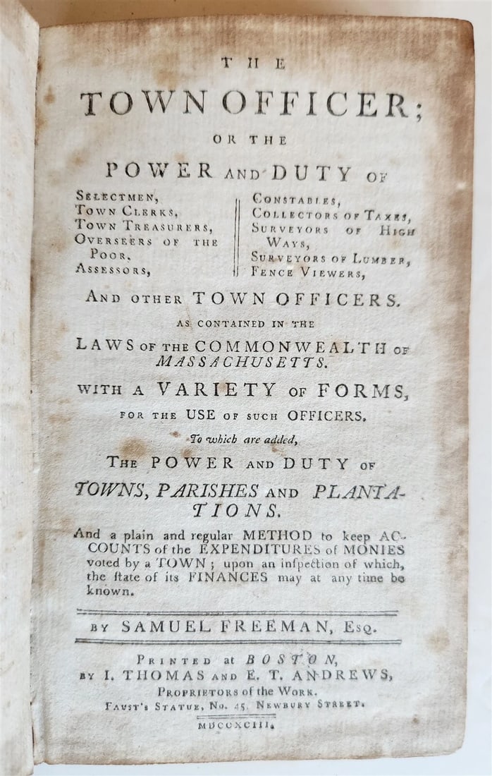 1793 TOWN OFFICER by SAMUEL FREEMAN antique in ENGLISH Boston AMERICANA (1 of 6)