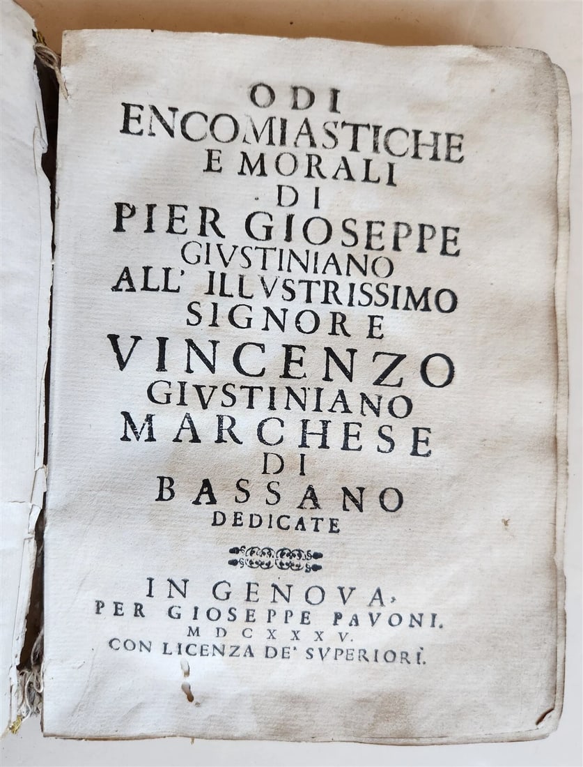 1635 POETRY in ITALIAN antique VELLUM BINDING: Title: 1635 POETRY in ITALIAN antique VELLUM BINDING Description: Giustiniano, G. Odi encomiastiche e morali. Genoa, Pavoni ; 1635. Size 6 1/4 by 8 1/4" With woodcut printer's mark at the end. 2 leave