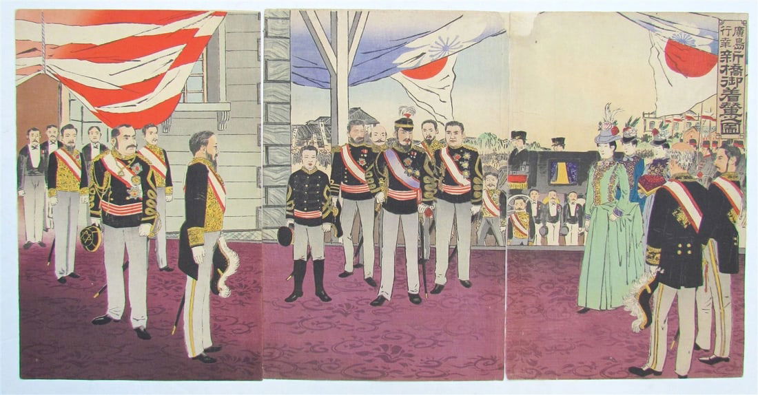 JAPANESE WOODBLOCK TRIPTYCH PRINT ANTIQUE by KOBAYASHI KIYOCHIKA 1895 MEIJI: Title: JAPANESE WOODBLOCK TRIPTYCH PRINT ANTIQUE by KOBAYASHI KIYOCHIKA 1895 MEIJI Description: Size of each individual part 9 3/4 by 14 3/4" Very good condition Reserve: $210.00 