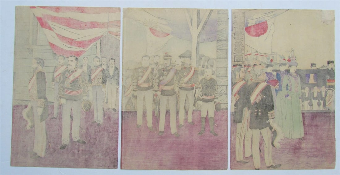 JAPANESE WOODBLOCK TRIPTYCH PRINT ANTIQUE by KOBAYASHI KIYOCHIKA 1895 MEIJI - 6