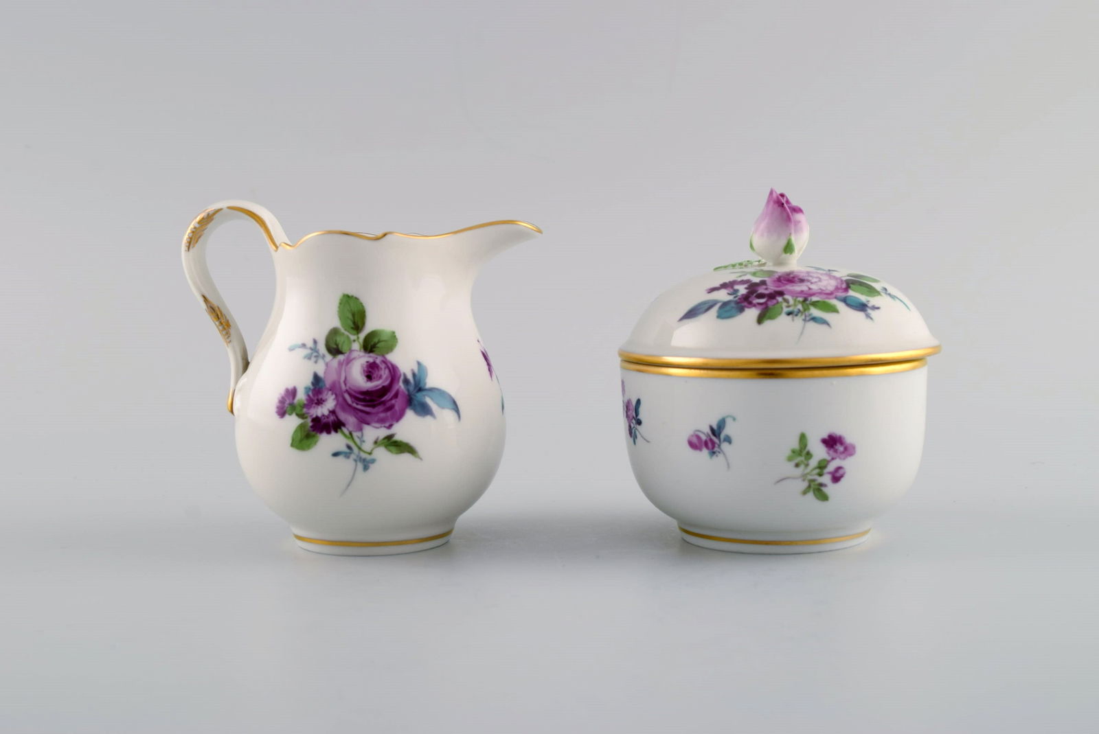 Meissen coffee pot, sugar bowl and cream jug with hand-painted flowers and gold decoration. Lids - 2