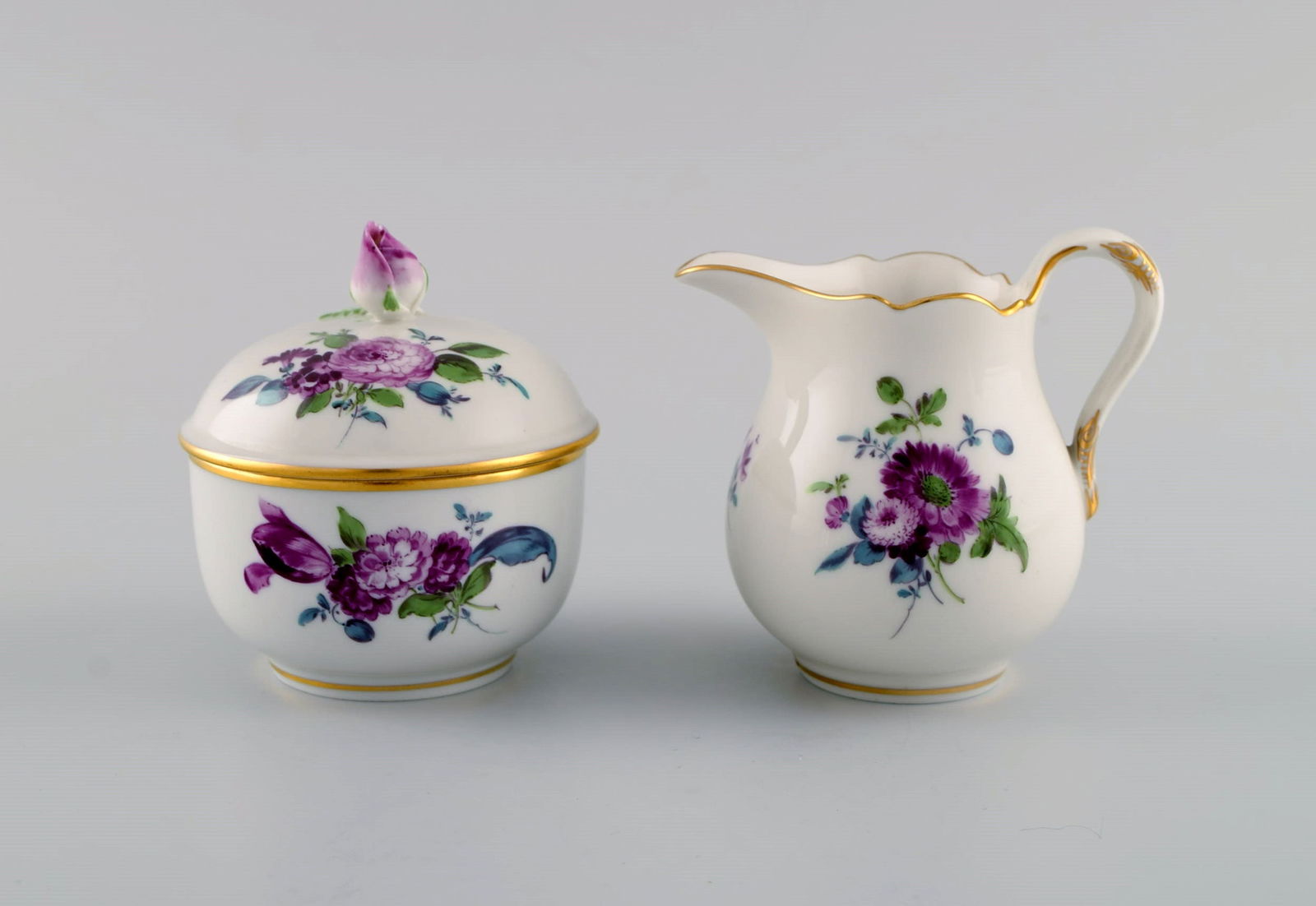 Meissen coffee pot, sugar bowl and cream jug with hand-painted flowers and gold decoration. Lids - 3