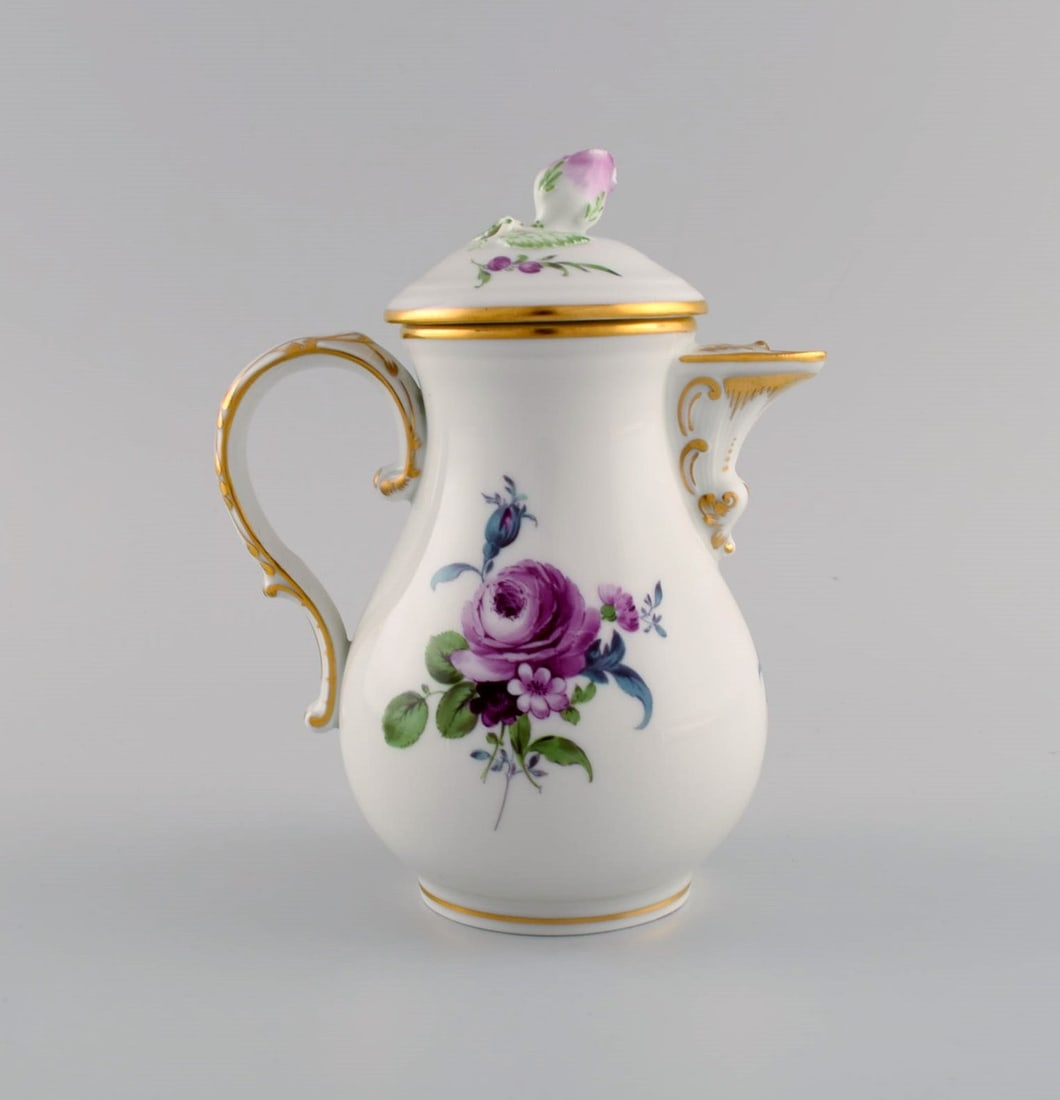 Meissen coffee pot, sugar bowl and cream jug with hand-painted flowers and gold decoration. Lids - 5