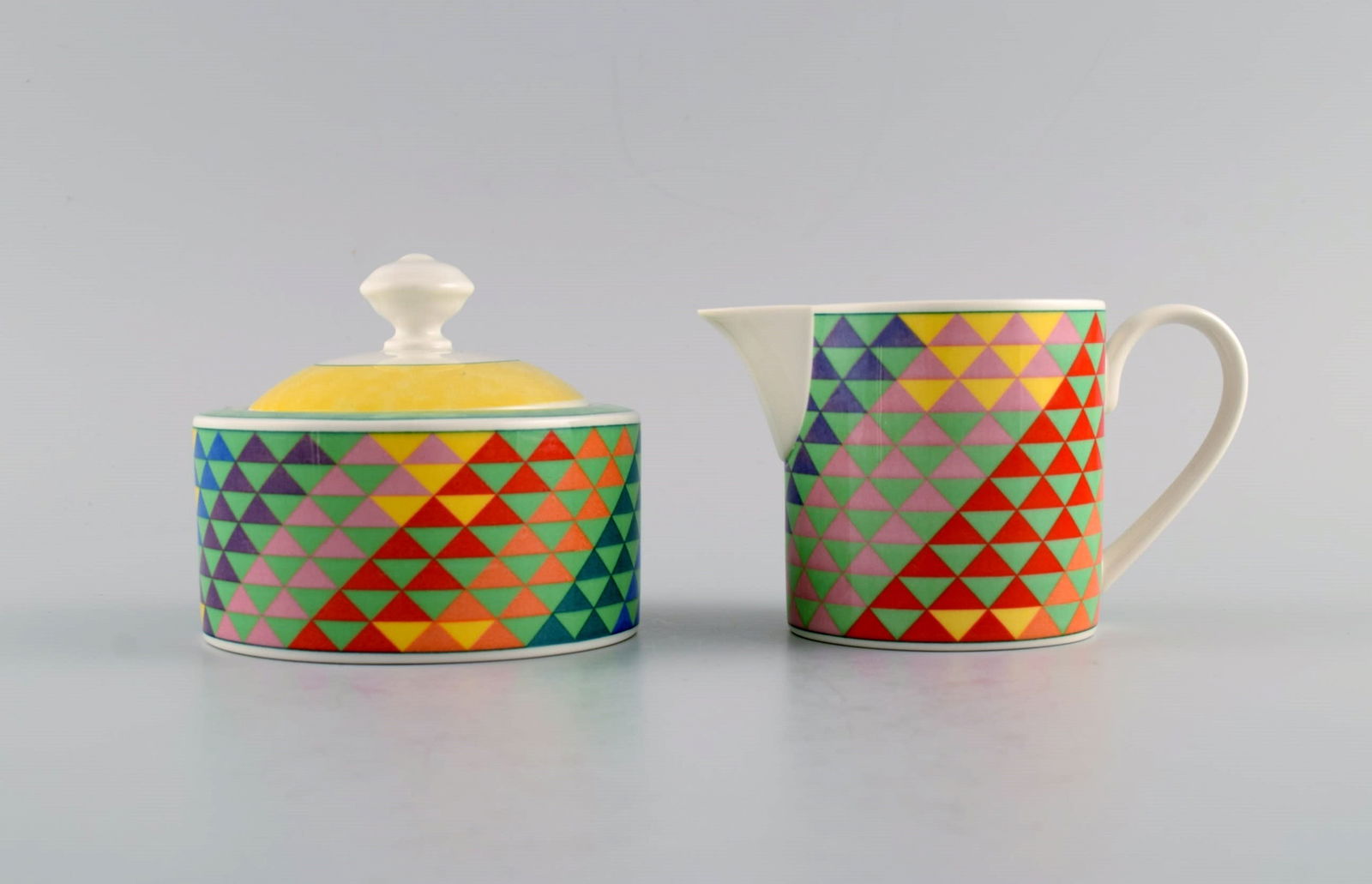 Gallo Design, Germany. Pamplona coffee pot, sugar bowl and creamer. Colorful decoration. Late 20th - 2