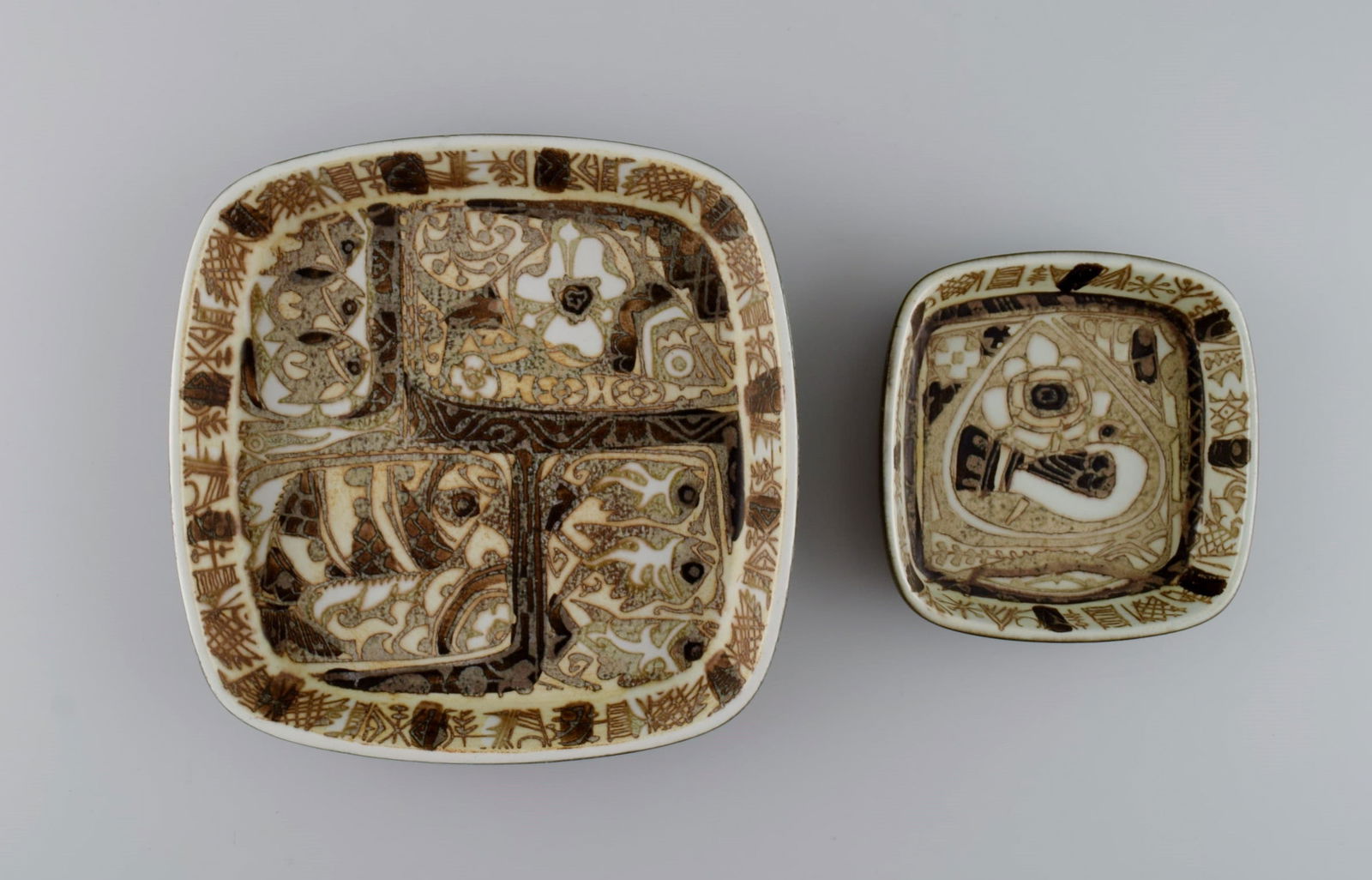 Nils Thorsson and Johanne Gerber for Aluminia, Royal Copenhagen. Two square Baca dishes decorated (1 of 6)