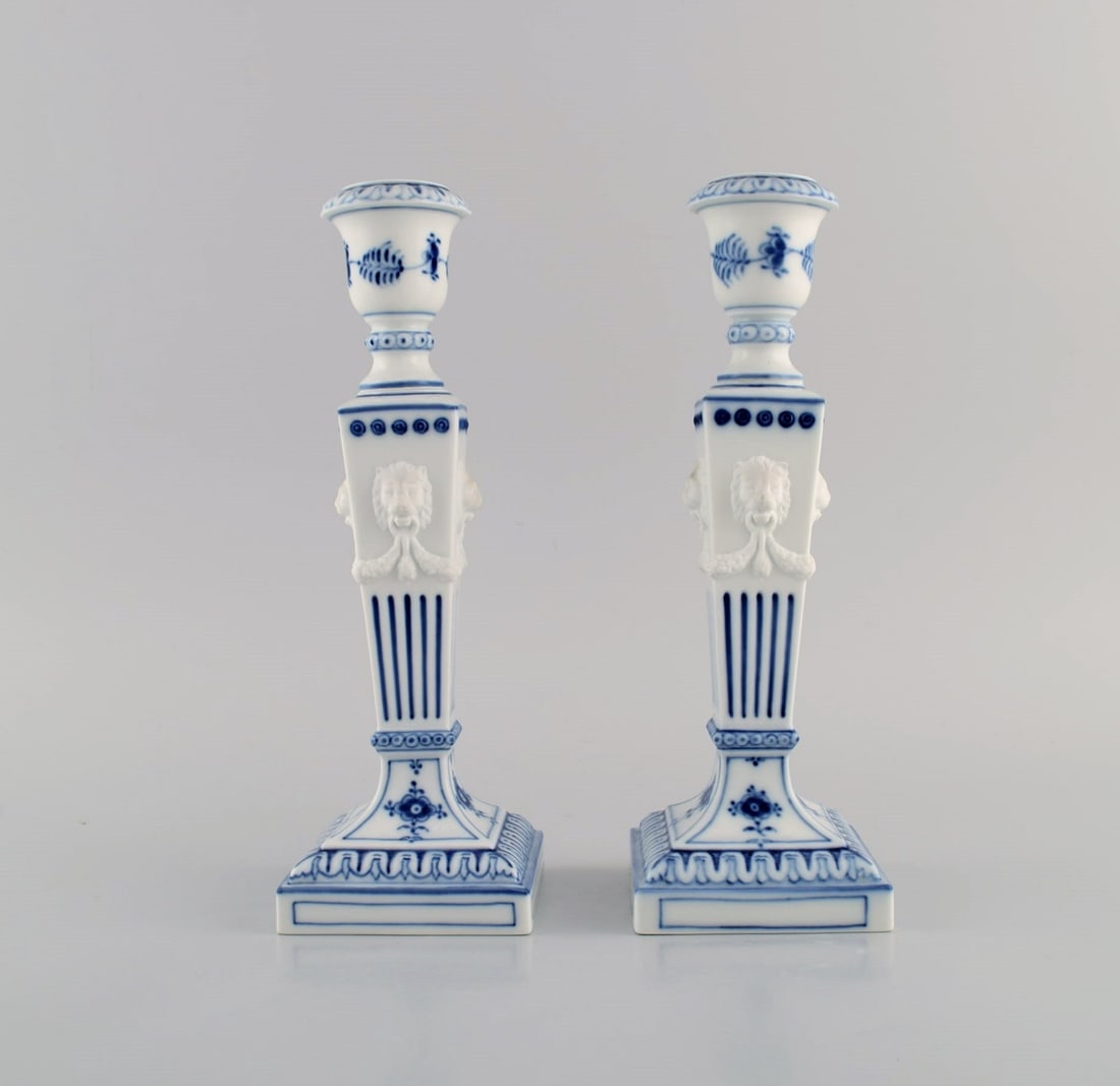Two Royal Copenhagen Blue Fluted Plain candlesticks with lion heads. Dated 1969-1974. Model number (1 of 6)