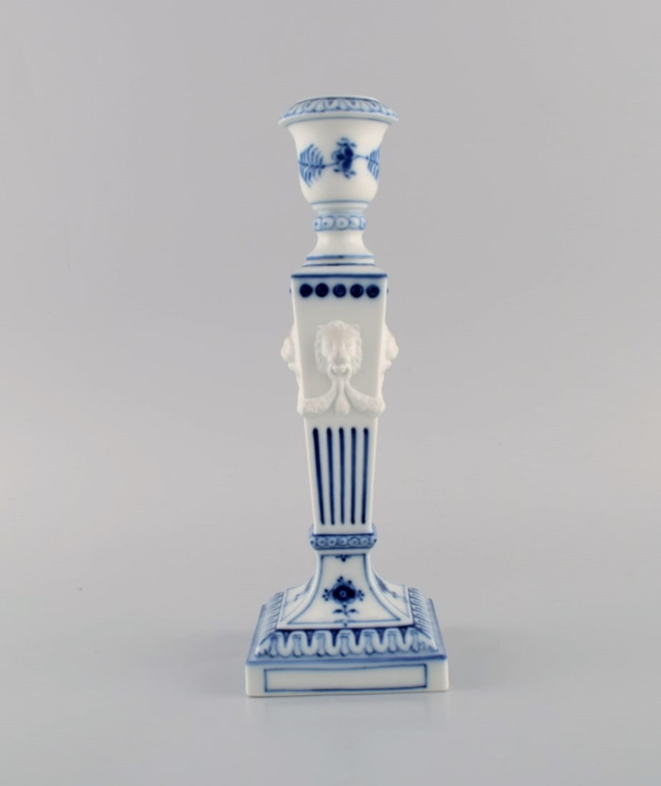 Two Royal Copenhagen Blue Fluted Plain candlesticks with lion heads. Dated 1969-1974. Model number - 2