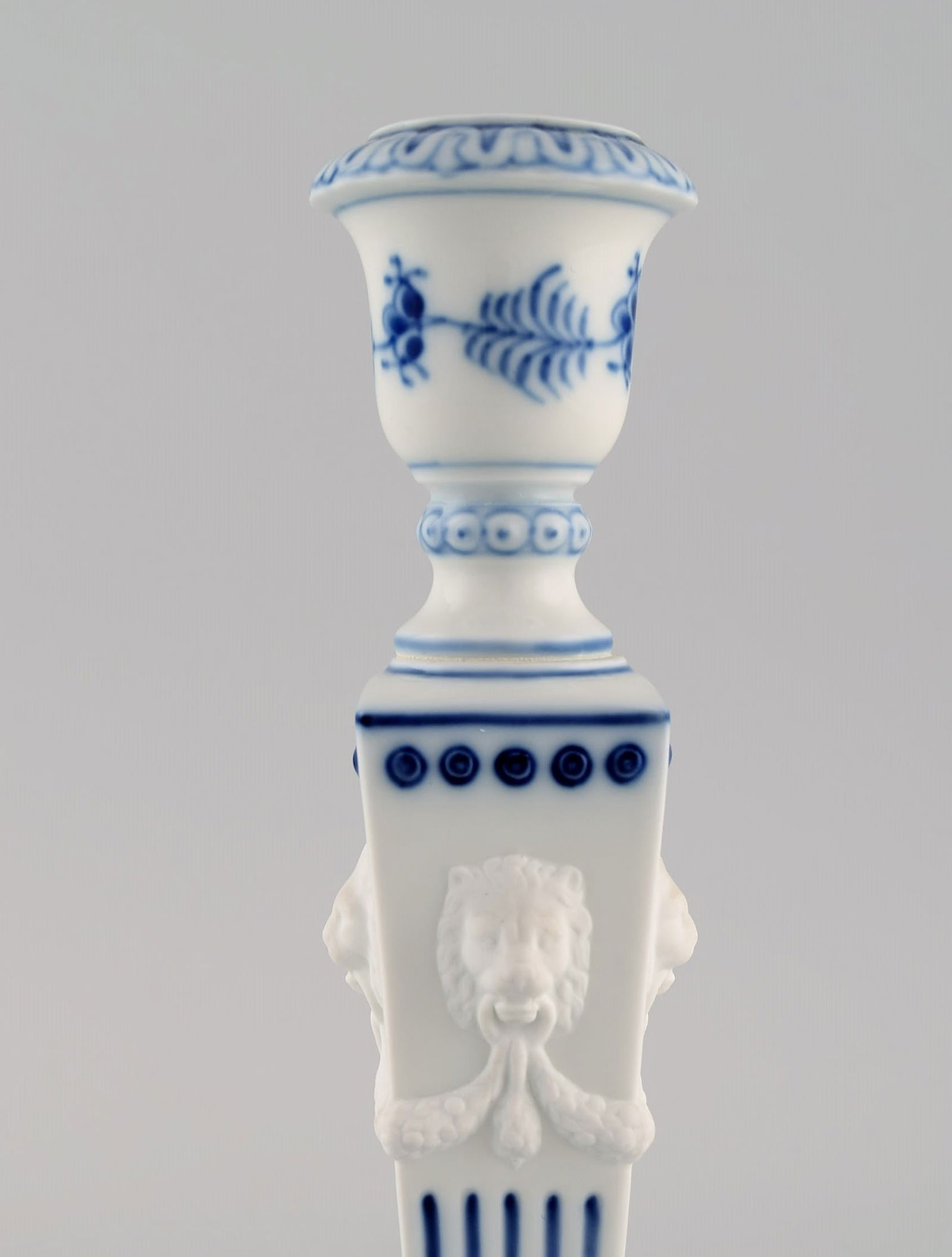 Two Royal Copenhagen Blue Fluted Plain candlesticks with lion heads. Dated 1969-1974. Model number - 4