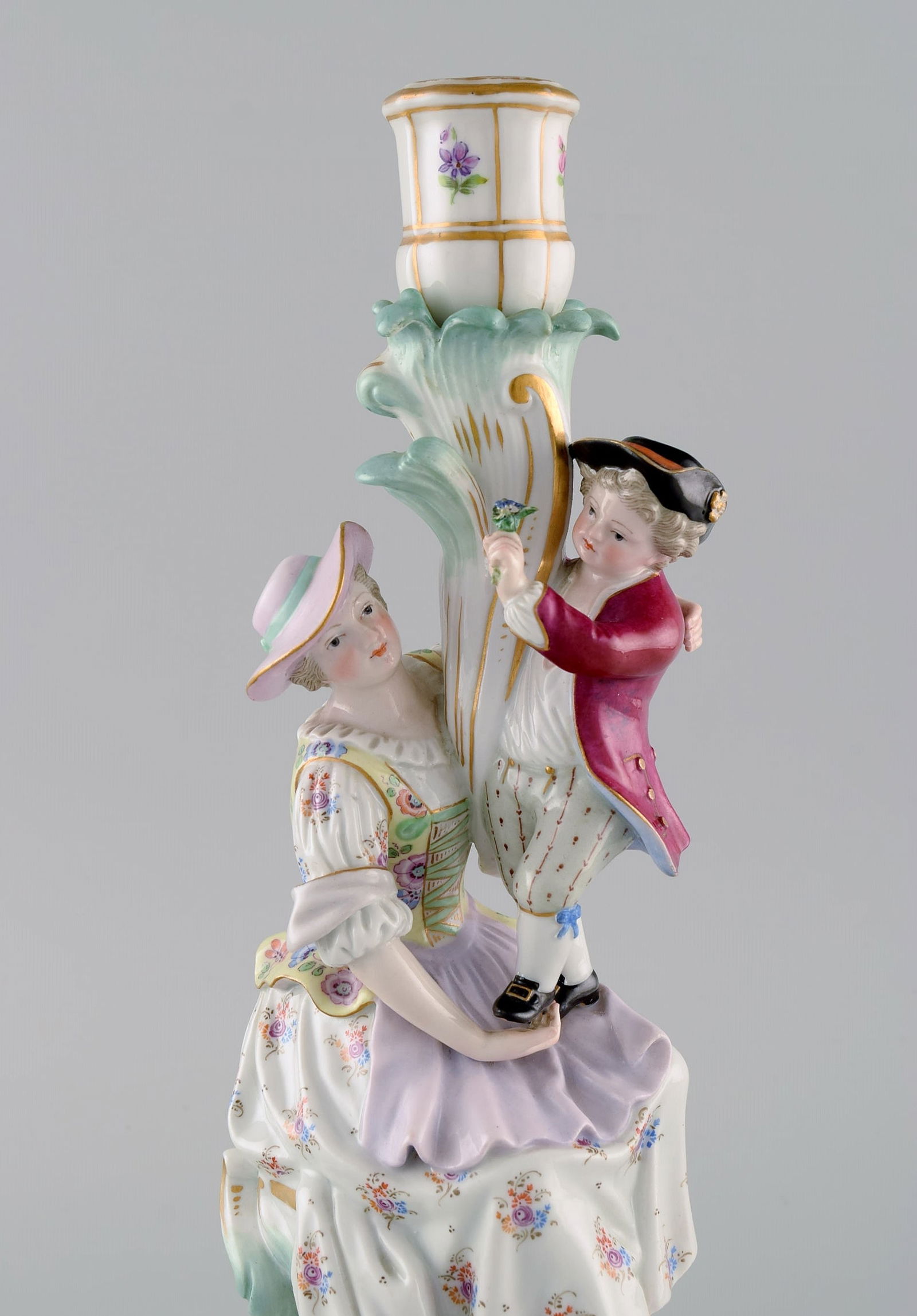 Antique Meissen candlestick in hand-painted porcelain. Mother and boy with flowers. Late 19th - 2