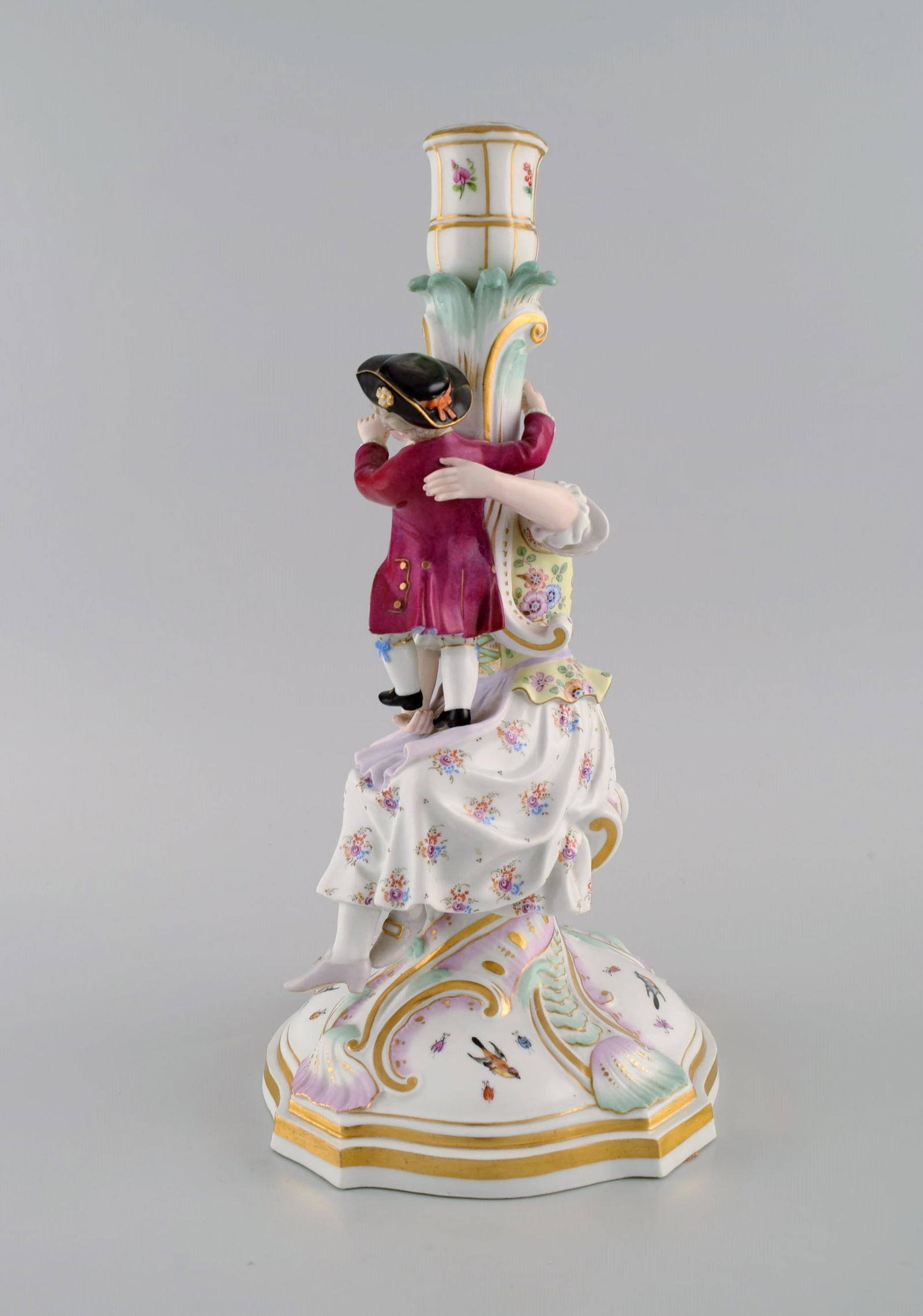 Antique Meissen candlestick in hand-painted porcelain. Mother and boy with flowers. Late 19th - 3