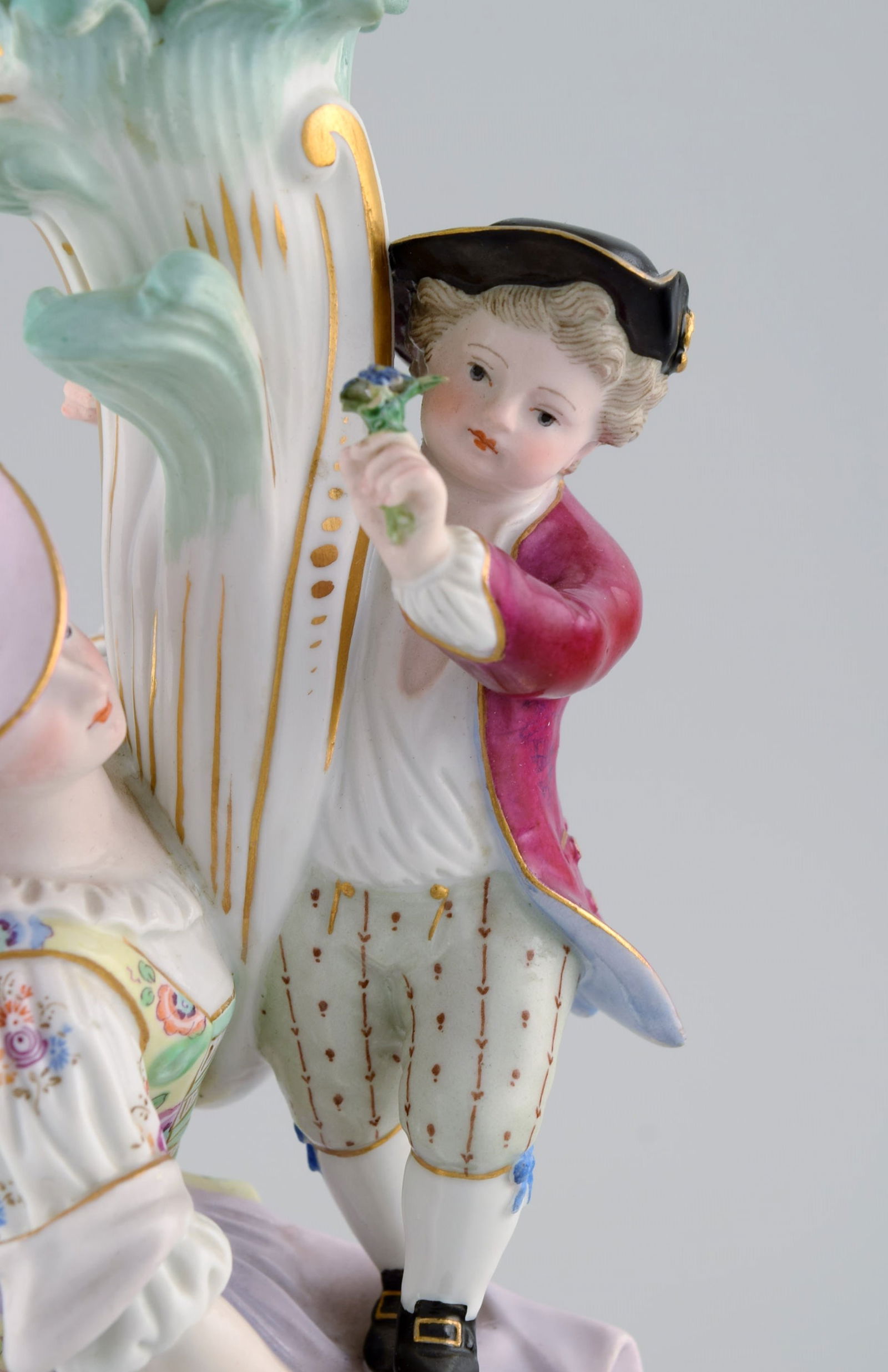 Antique Meissen candlestick in hand-painted porcelain. Mother and boy with flowers. Late 19th - 6