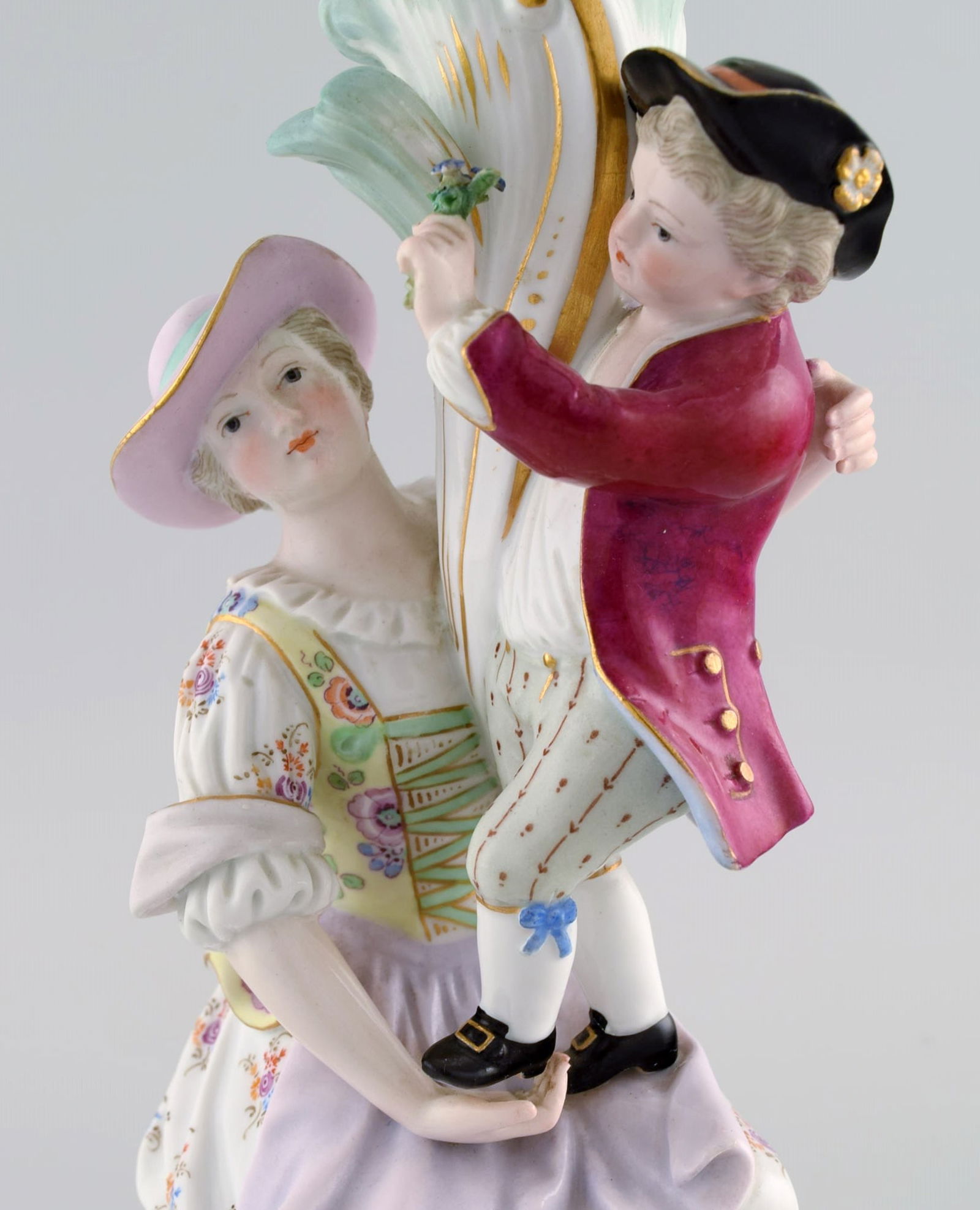Antique Meissen candlestick in hand-painted porcelain. Mother and boy with flowers. Late 19th - 7