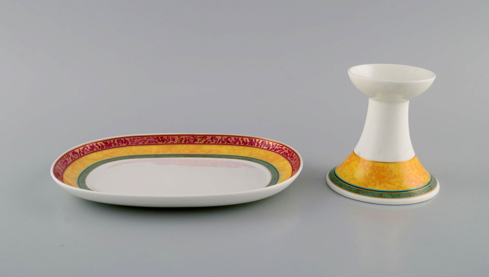 Paloma Picasso for Villeroy & Boch. "My way" dish and candlestick in porcelain. Colorful decoration.: Title: Paloma Picasso for Villeroy & Boch. "My way" dish and candlestick in porcelain. Colorful decoration. 1990s. Description: Paloma Picasso for Villeroy & Boch. "My way" dish and candlestick in por
