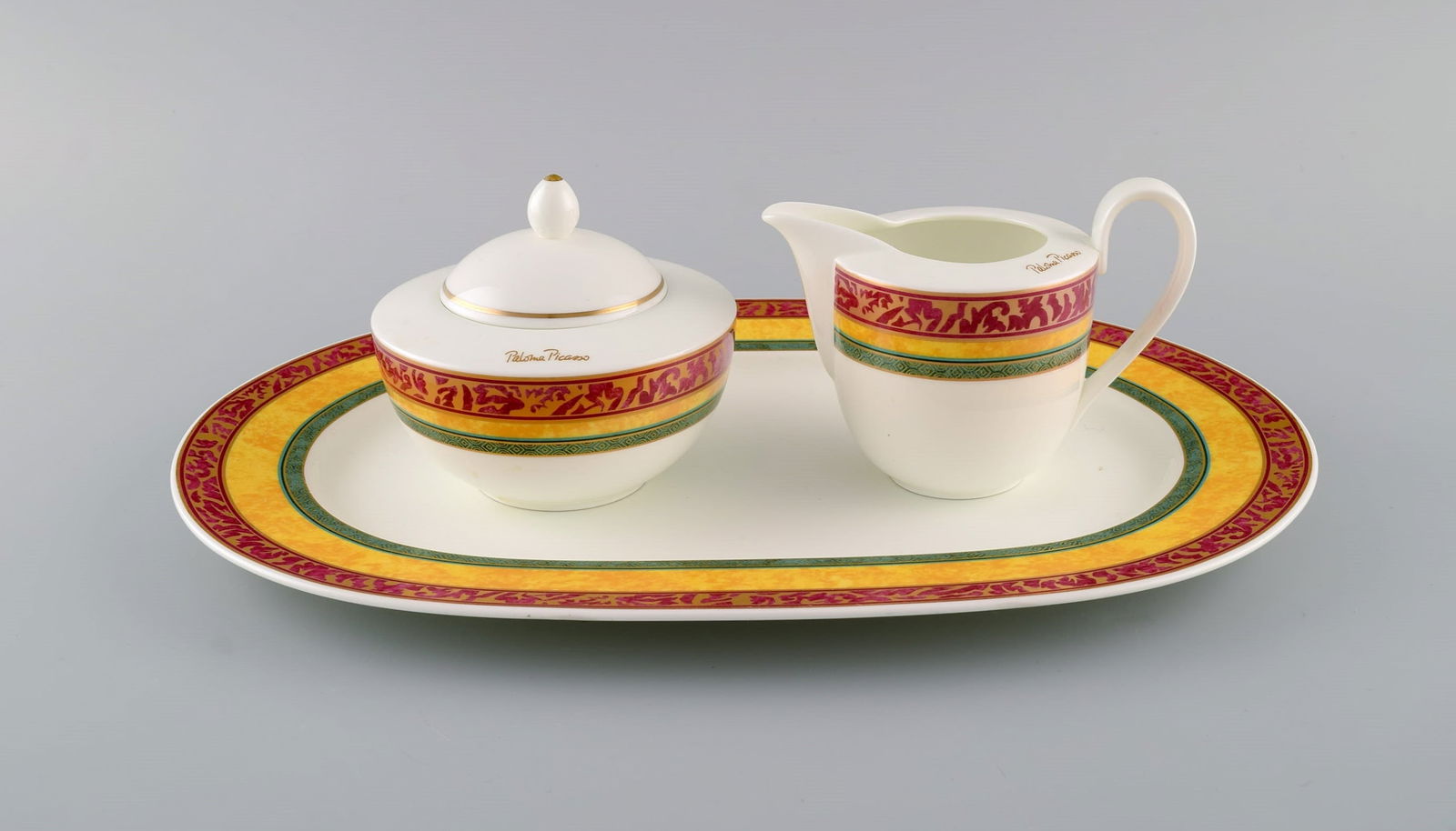 Paloma Picasso for Villeroy & Boch. "My way" porcelain sugar / cream set with serving tray. Colorful: Title: Paloma Picasso for Villeroy & Boch. "My way" porcelain sugar / cream set with serving tray. Colorful decoration. 1990s. Description: Paloma Picasso for Villeroy & Boch. "My way" porcelain sugar