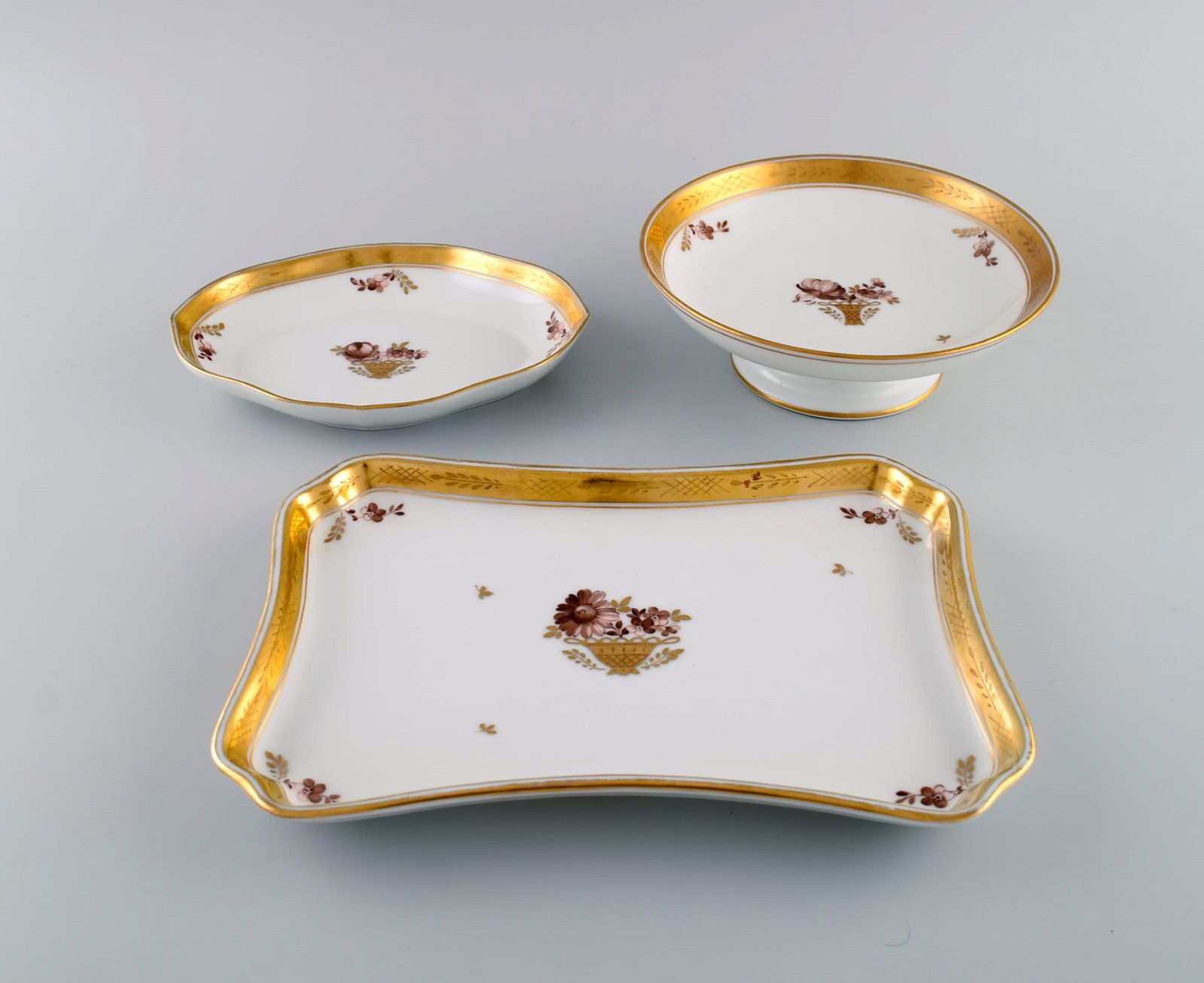 Three Royal Copenhagen Golden Basket dishes in porcelain with flowers and gold decoration. Early (1 of 6)