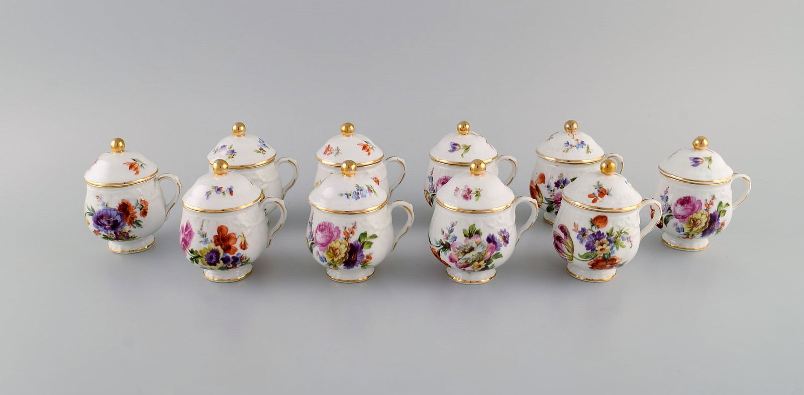 10 antique Rörstrand porcelain cream cups with hand-painted flowers and gold decoration. (1 of 6)