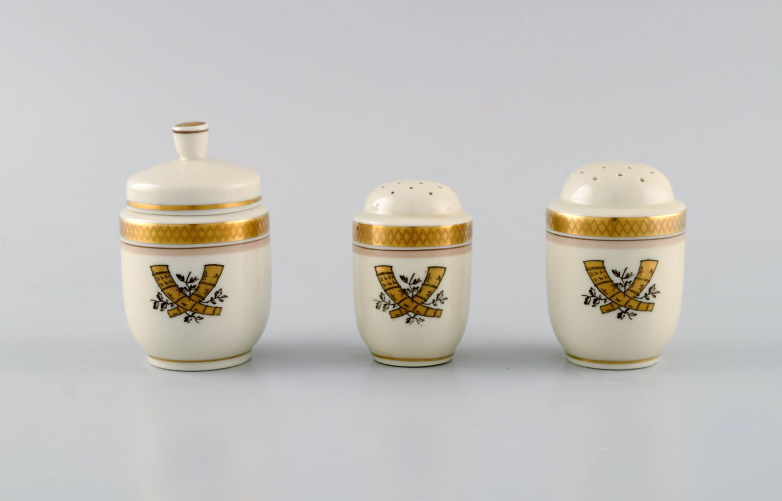 Royal Copenhagen Golden Horns. Mustard jar, salt and pepper shaker. 1960s. (1 of 5)