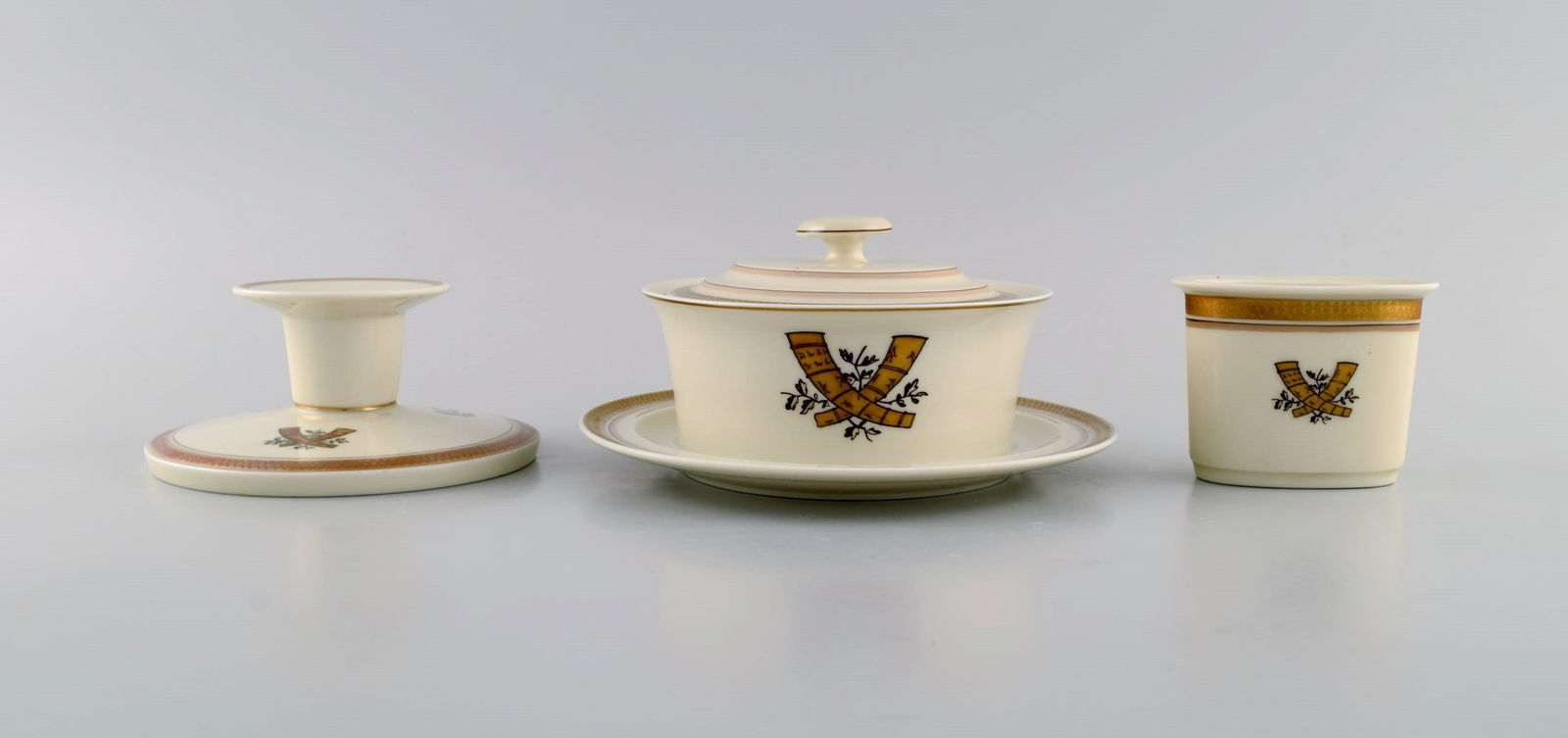 Royal Copenhagen Golden Horns. Candlestick, lidded bowl and small vase. 1960s. - 2