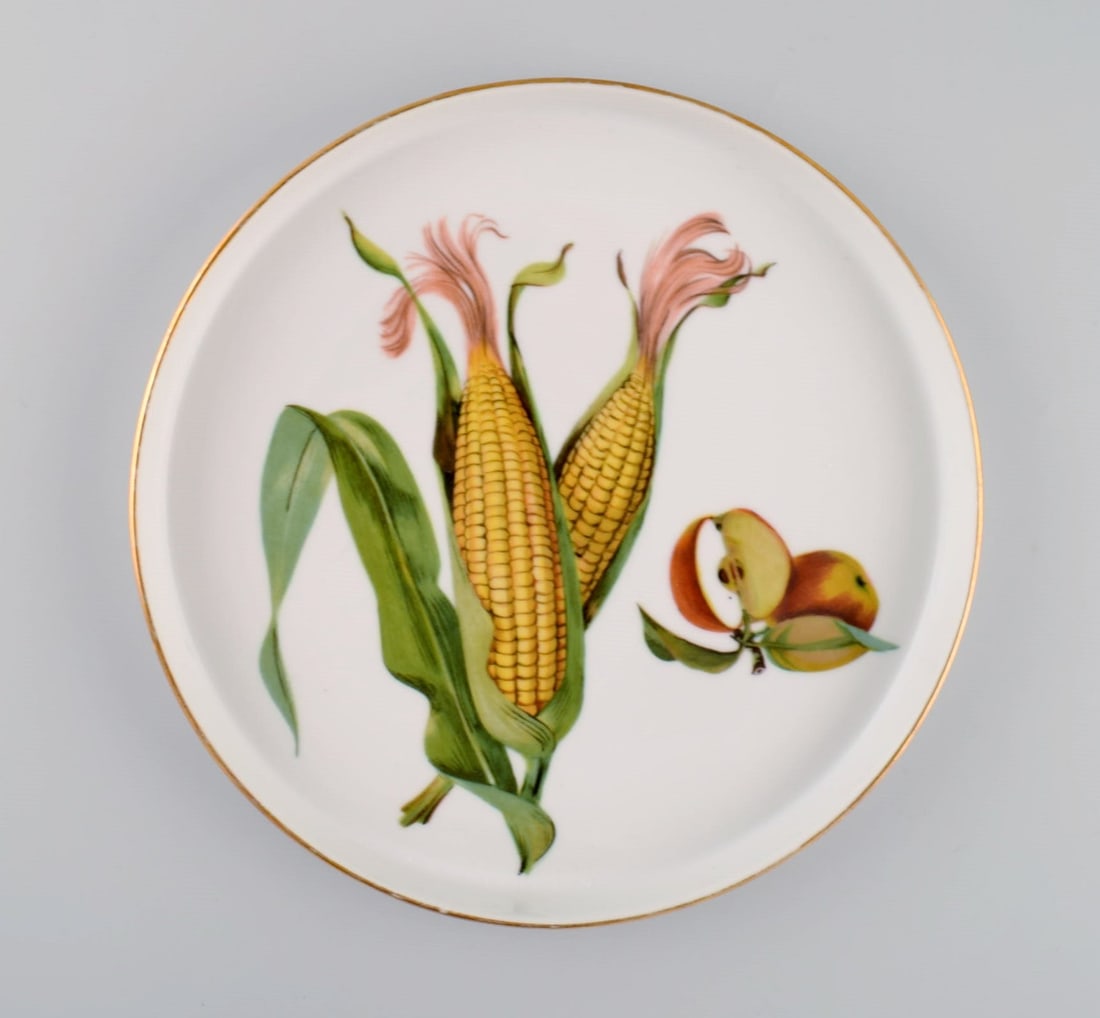Royal Worcester, England. Six round porcelain dishes decorated with corn cobs, apples and gold edge. (1 of 7)