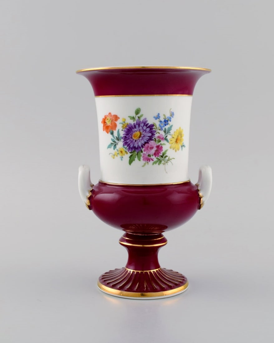Antique Meissen porcelain vase with hand-painted flowers. Purple and gold decoration. Ca. 1900. (1 of 6)
