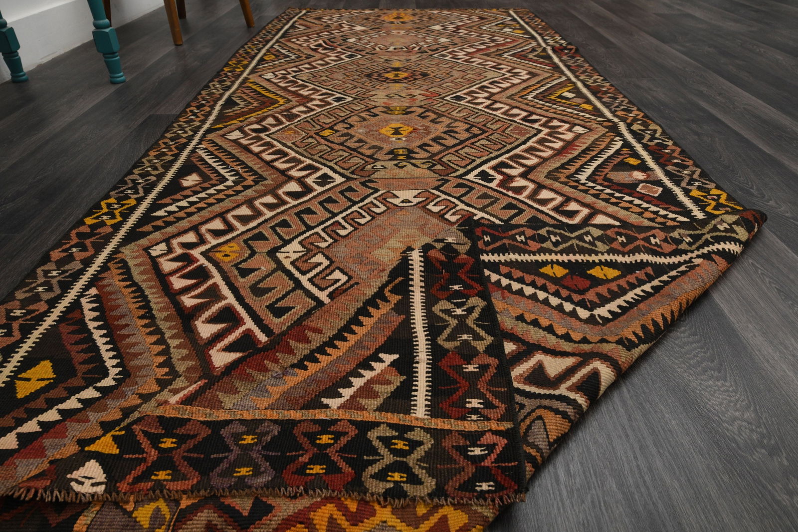 4.3x11.2 ft, TURKISH Runner: Title: 4.3x11.2 ft, TURKISH Runner Description: This Turkish one-of-a-kind Vintage Flatweave Kilim Rug is hand-knotted and handwoven by the most skilled artisans who use pure wool, in vibrant,