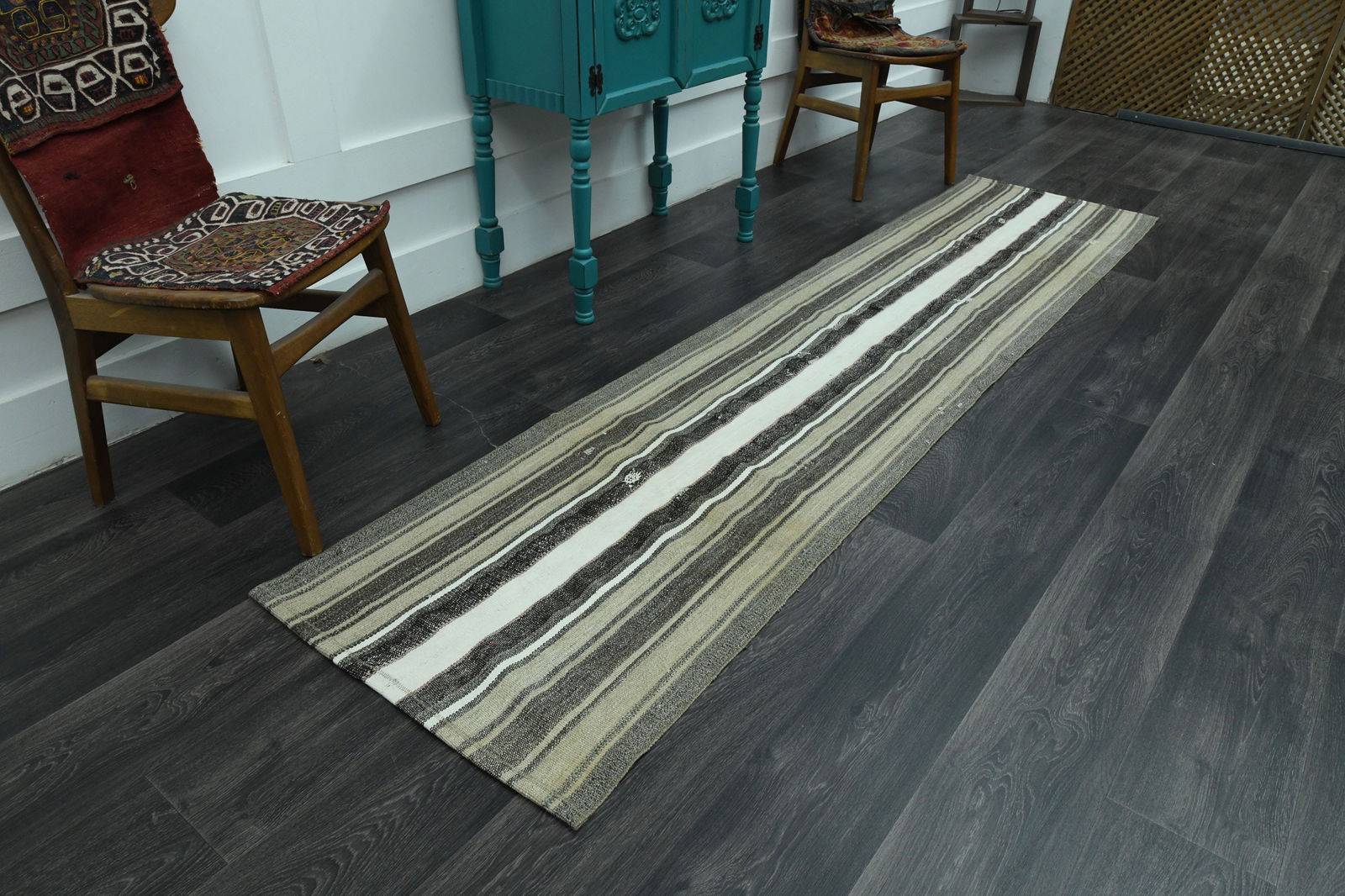 2x9 Faded Turkish Rug: Title: 2x9 Faded Turkish Rug Description: This Turkish one-of-a-kind Vintage Flatweave Kilim Rug is hand-knotted and handwoven by the most skilled artisans who use pure wool, in vibrant, natural