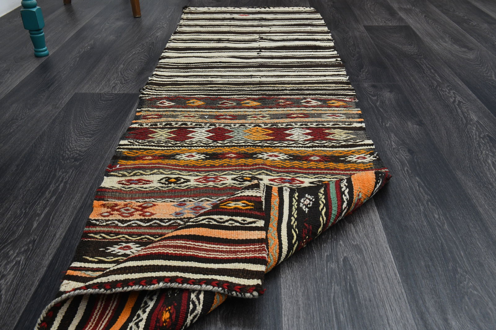 2x7 ft, TURKISH RUNNER: Title: 2x7 ft, TURKISH RUNNER Description: This Turkish one-of-a-kind Vintage Flatweave Kilim Rug is hand-knotted and handwoven by the most skilled artisans who use pure wool, in vibrant, natural