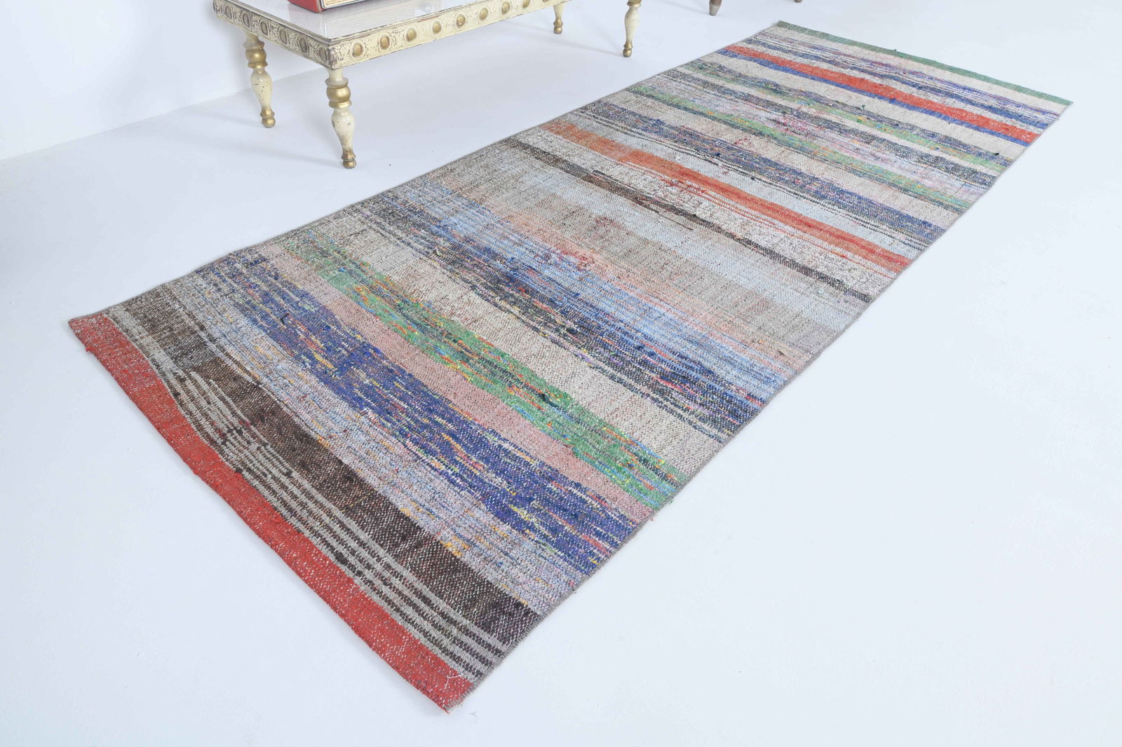 3x7.4 ft, TURKISH KILIM Runner: Title: 3x7.4 ft, TURKISH KILIM Runner Description: This Turkish one-of-a-kind Vintage Flatweave Kilim Rug is hand-knotted and handwoven by the most skilled artisans who use pure wool, in vibrant,