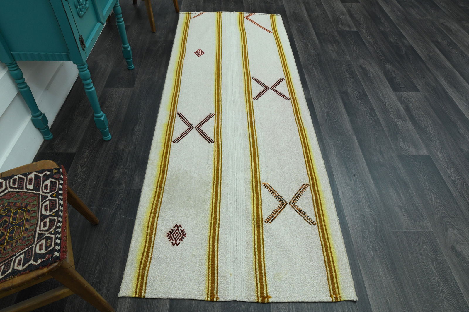 3.1x8.5 Ft VINTAGE TURKISH Rug: Title: 3.1x8.5 Ft VINTAGE TURKISH Rug Description: This Turkish one-of-a-kind Vintage Flatweave Kilim Rug is hand-knotted and handwoven by the most skilled artisans who use pure wool, in vibrant,