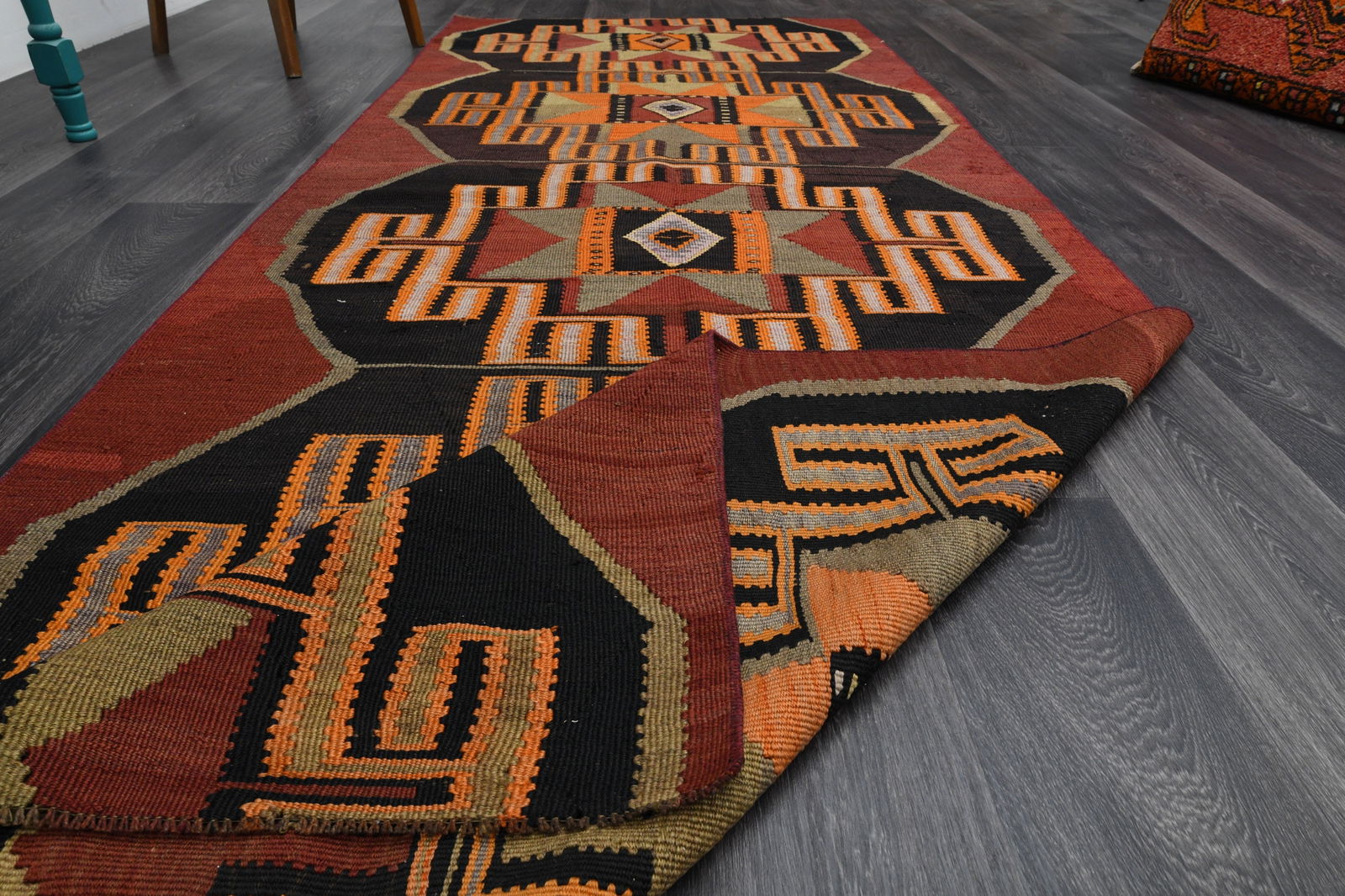 3.9x10.7 ft, Red Bohemian Kilim Rug - 8