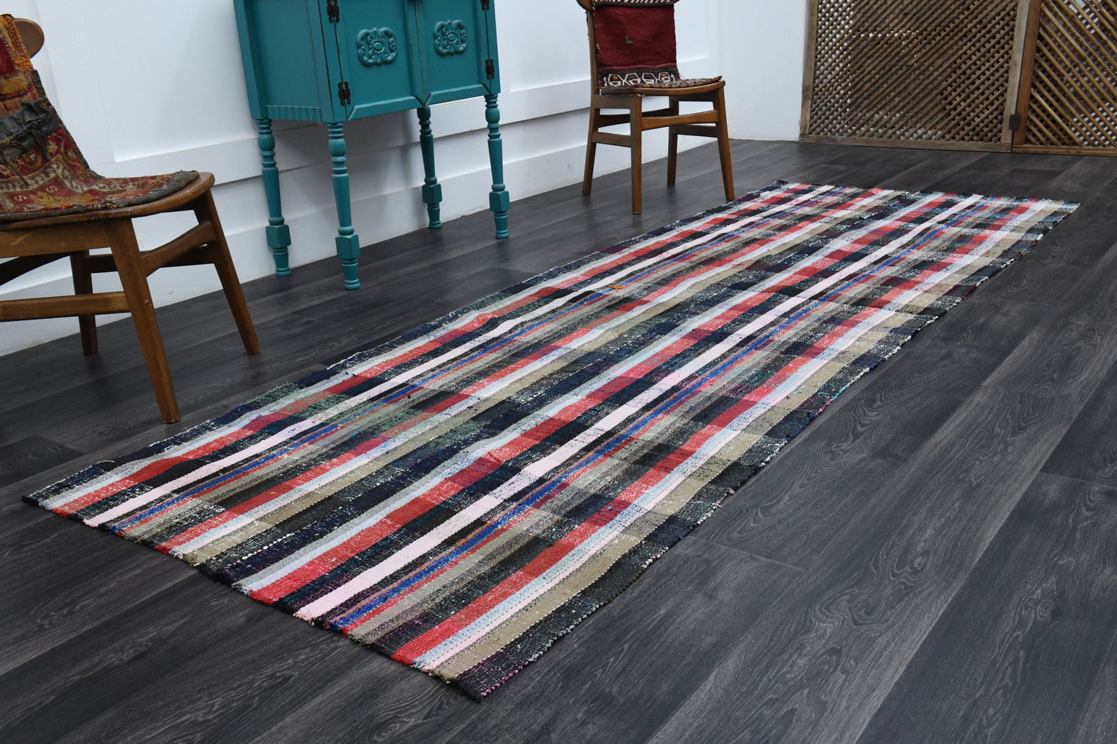 3.8x10.7 ft, TURKISH KILIM Runner: Title: 3.8x10.7 ft, TURKISH KILIM Runner Description: This Turkish one-of-a-kind Vintage Flatweave Kilim Rug is hand-knotted and handwoven by the most skilled artisans who use pure wool, in vibrant,