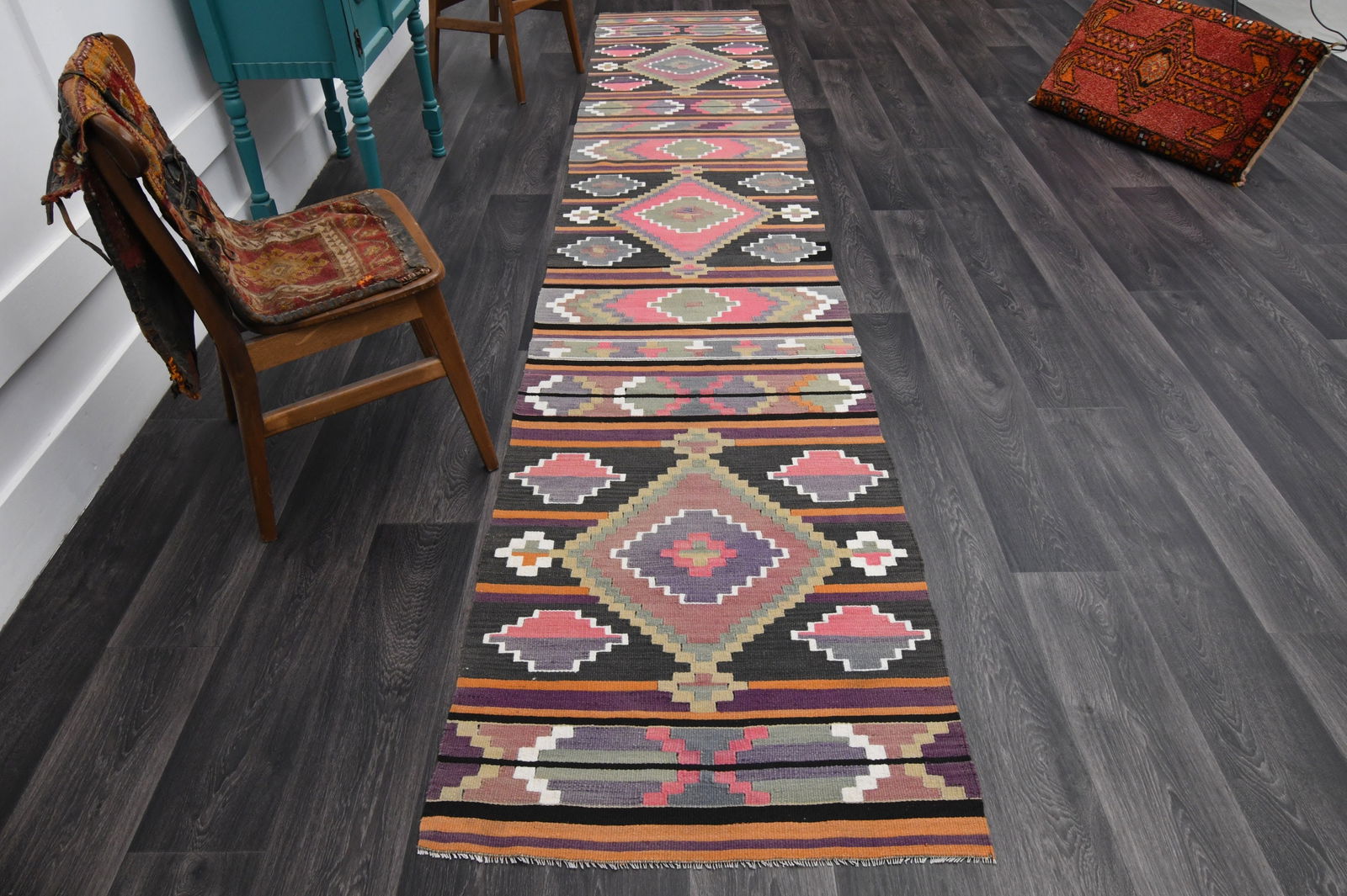 2.7x14 ft, TURKISH Rug Runner: Title: 2.7x14 ft, TURKISH Rug Runner Description: This Turkish one-of-a-kind Vintage Flatweave Kilim Rug is hand-knotted and handwoven by the most skilled artisans who use pure wool, in vibrant, natur