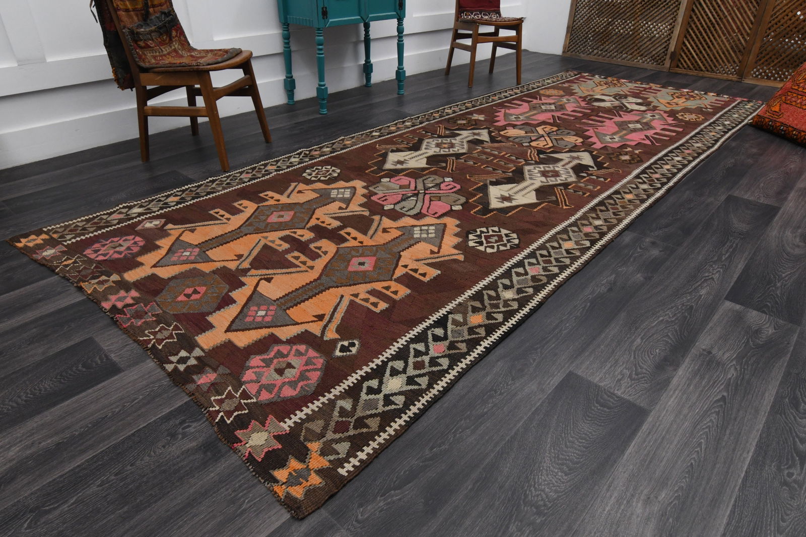 5.3x13.7 ft, TURKISH WIDE KILIM Runner: Title: 5.3x13.7 ft, TURKISH WIDE KILIM Runner Description: This Turkish one-of-a-kind Vintage Flatweave Kilim Rug is hand-knotted and handwoven by the most skilled artisans who use pure wool, in vibra