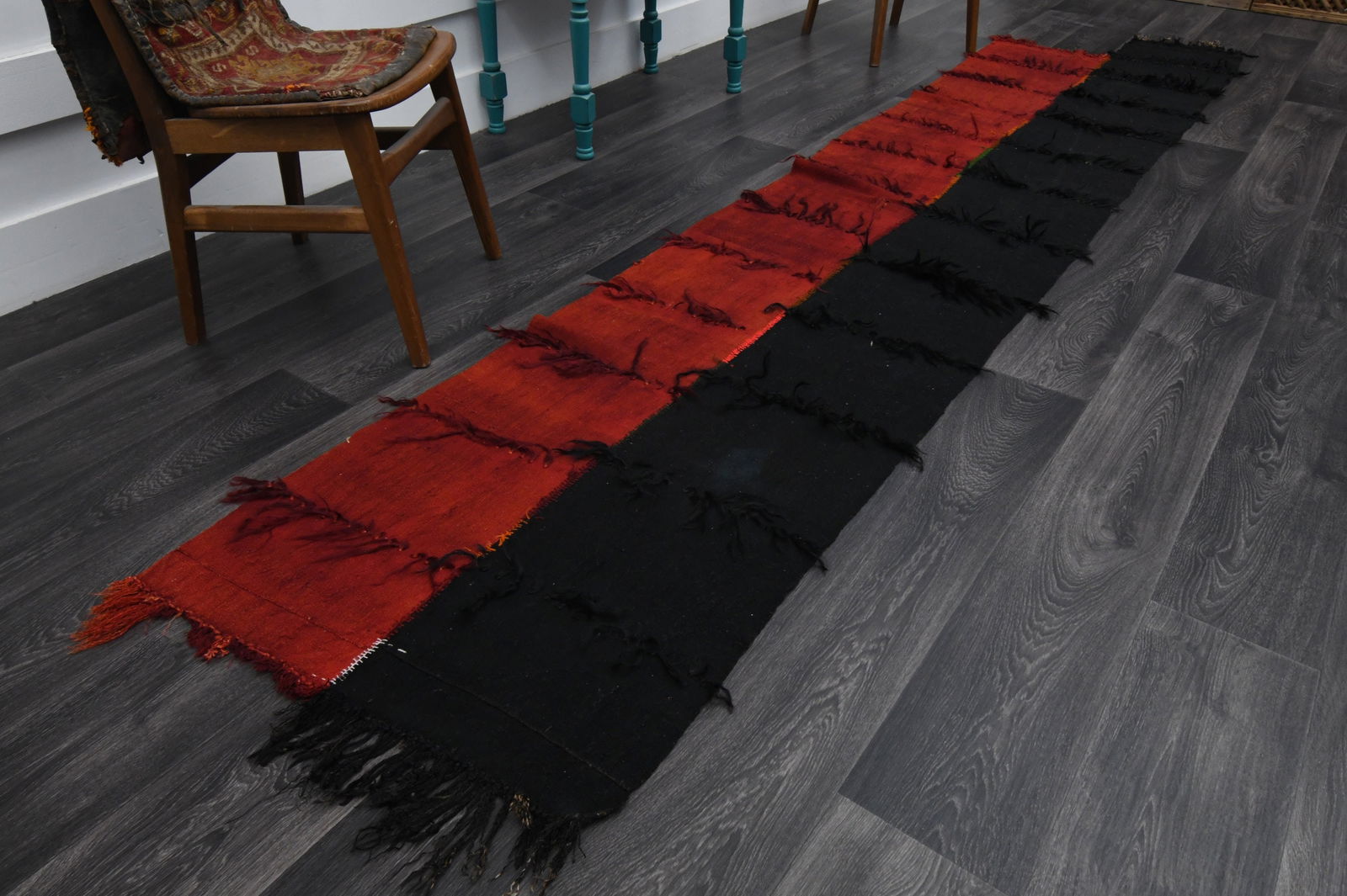 3x11.5 ft, BLACK & RED TURKISH Kilim Runner: Title: 3x11.5 ft, BLACK & RED TURKISH Kilim Runner Description: This Turkish one-of-a-kind Vintage Flatweave Kilim Rug is hand-knotted and handwoven by the most skilled artisans who use pure wool, in