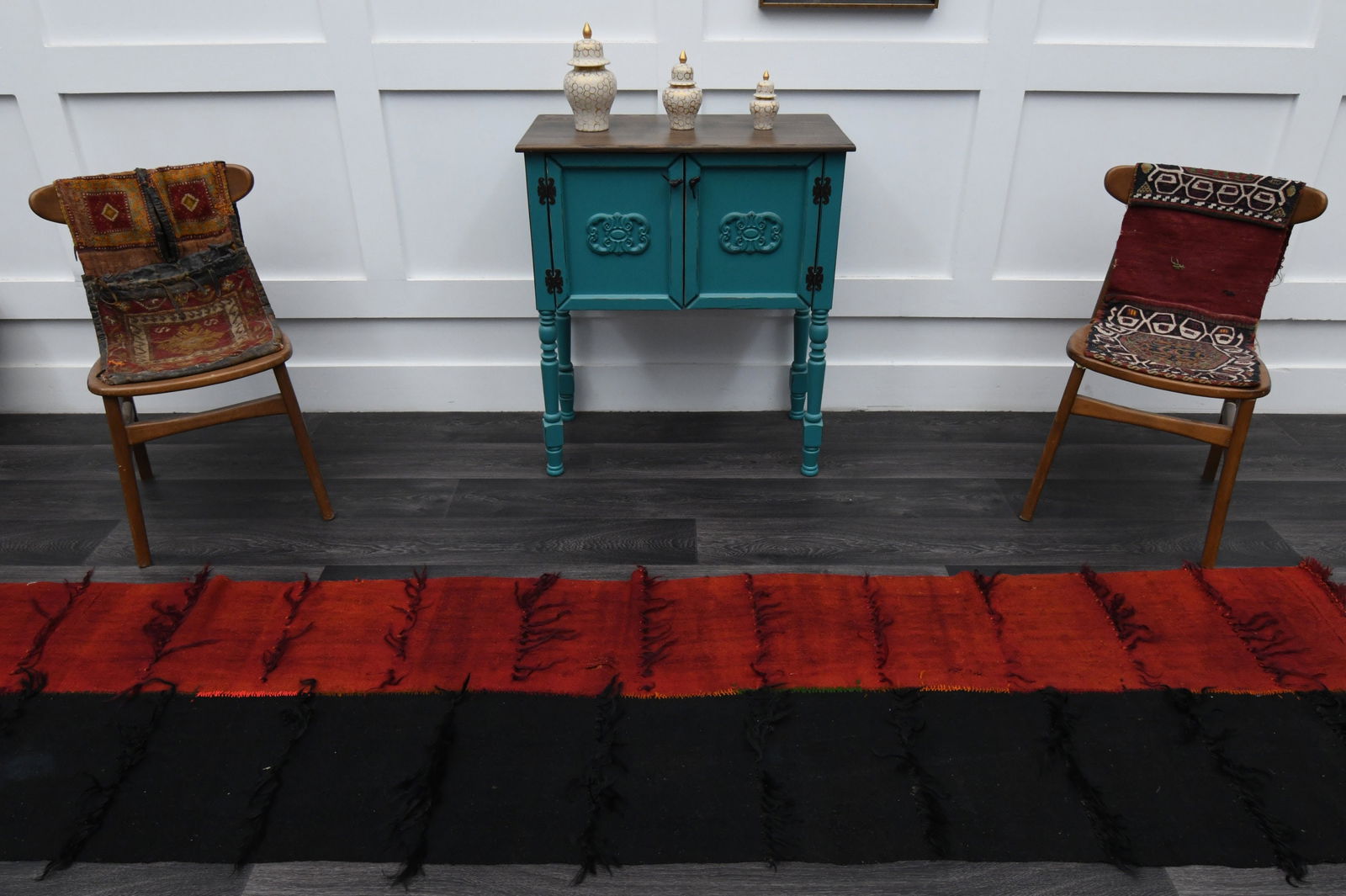 3x11.5 ft, BLACK & RED TURKISH Kilim Runner - 2