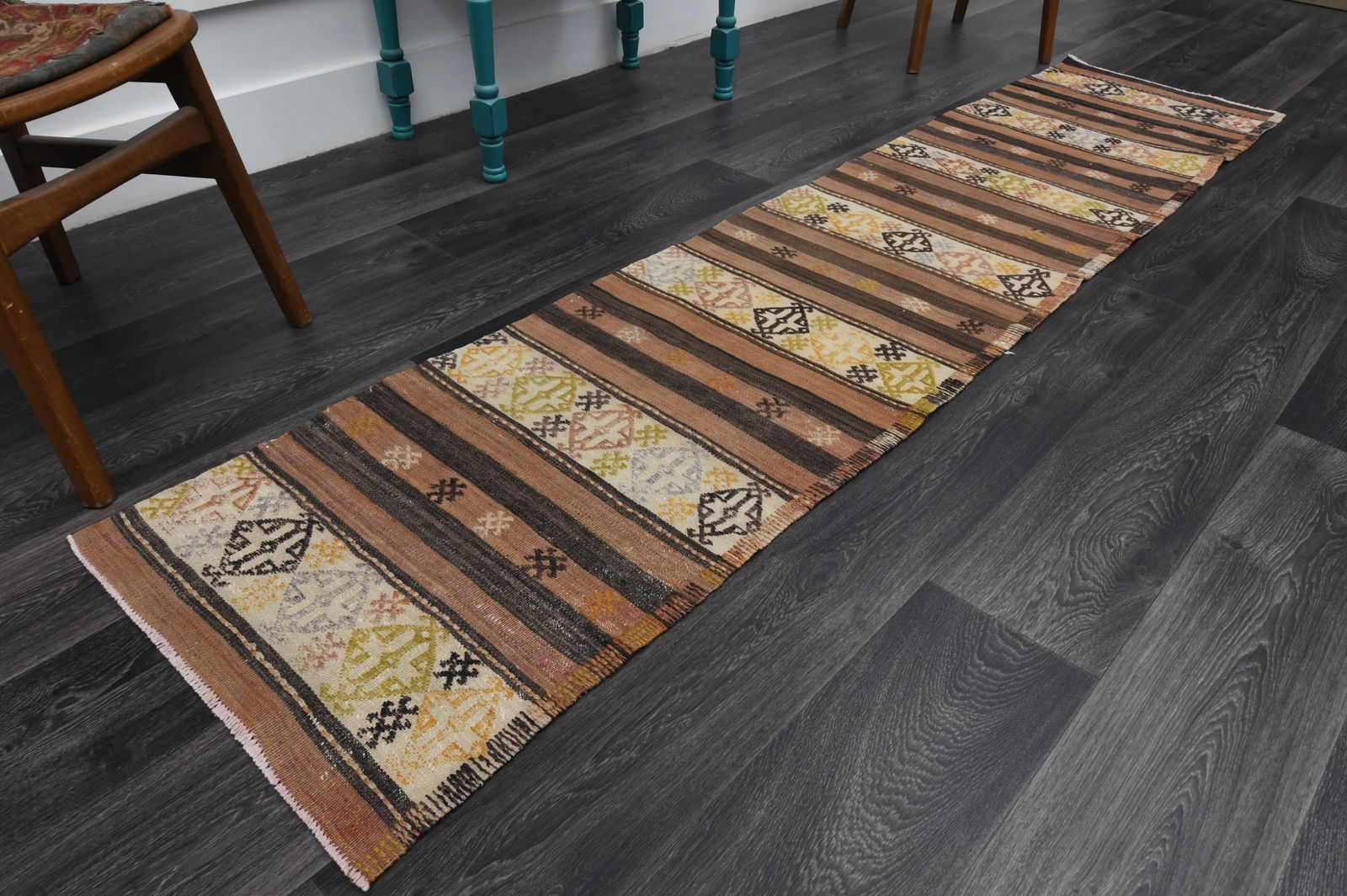 2x8.7 ft, TURKISH Rug Runner: Title: 2x8.7 ft, TURKISH Rug Runner Description: This Turkish one-of-a-kind Vintage Flatweave Kilim Rug is hand-knotted and handwoven by the most skilled artisans who use pure wool, in vibrant,