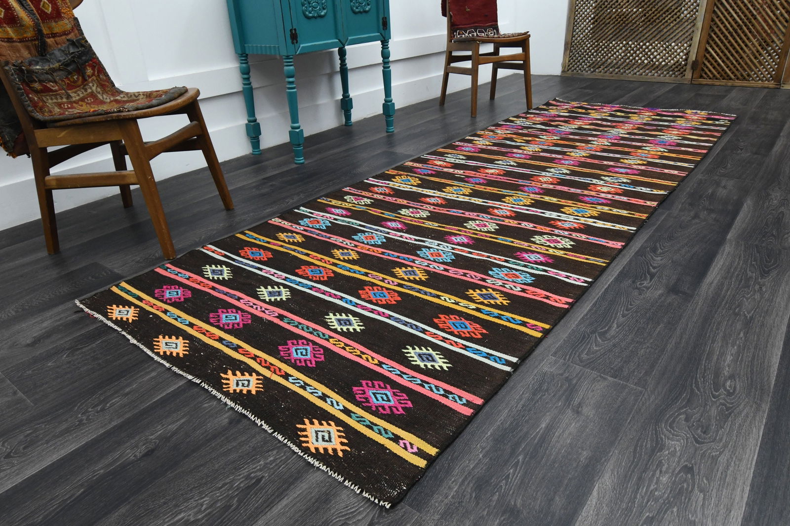 3.7x10.7 ft, Black Bohemian Kilim Rug: Title: 3.7x10.7 ft, Black Bohemian Kilim Rug Description: This Turkish one-of-a-kind Vintage Flatweave Kilim Rug is hand-knotted and handwoven by the most skilled artisans who use pure wool, in