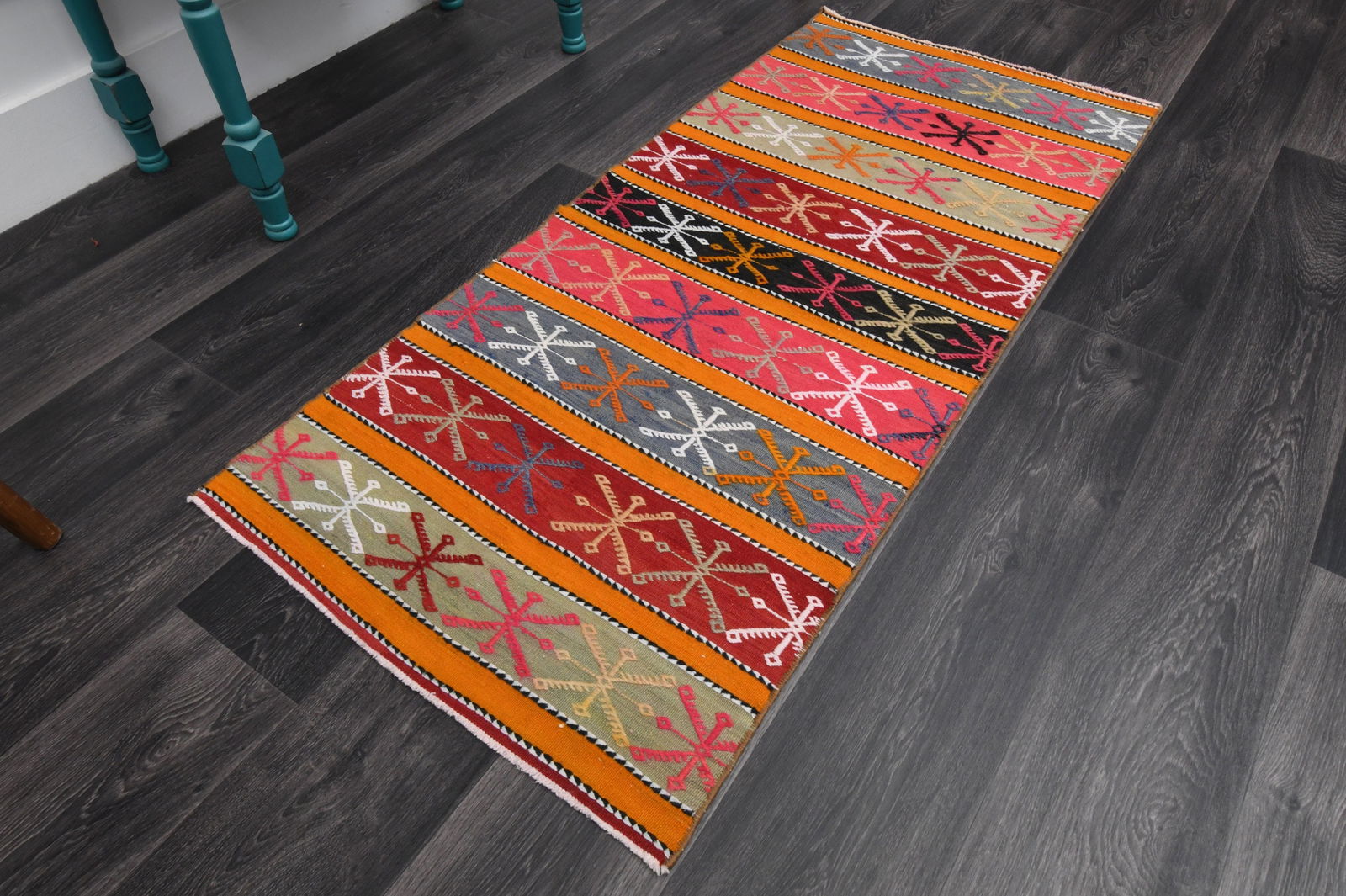 2.3x5.1 ft, SMALL KILIM RUNNER: Title: 2.3x5.1 ft, SMALL KILIM RUNNER Description: This Turkish one-of-a-kind Vintage Flatweave Kilim Rug is hand-knotted and handwoven by the most skilled artisans who use pure wool, in vibrant, natu