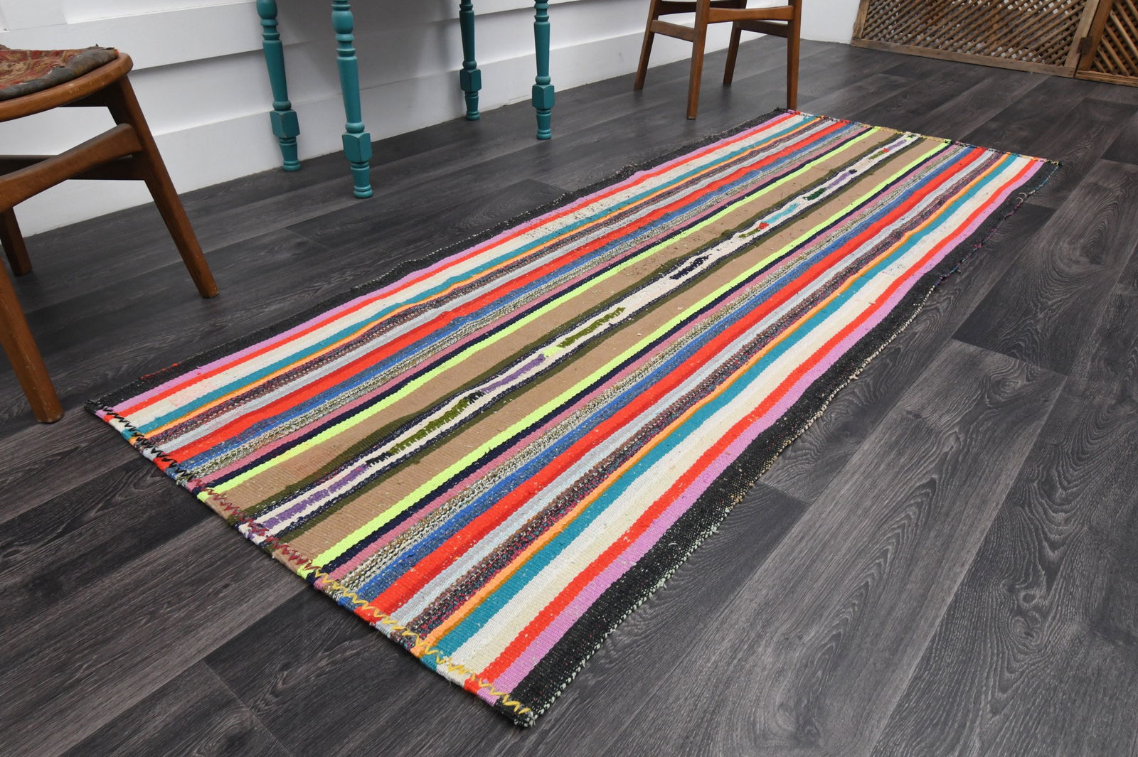 3.1x8 ft, TURKISH KILIM Runner: Title: 3.1x8 ft, TURKISH KILIM Runner Description: This Turkish one-of-a-kind Vintage Flatweave Kilim Rug is hand-knotted and handwoven by the most skilled artisans who use pure wool, in vibrant,