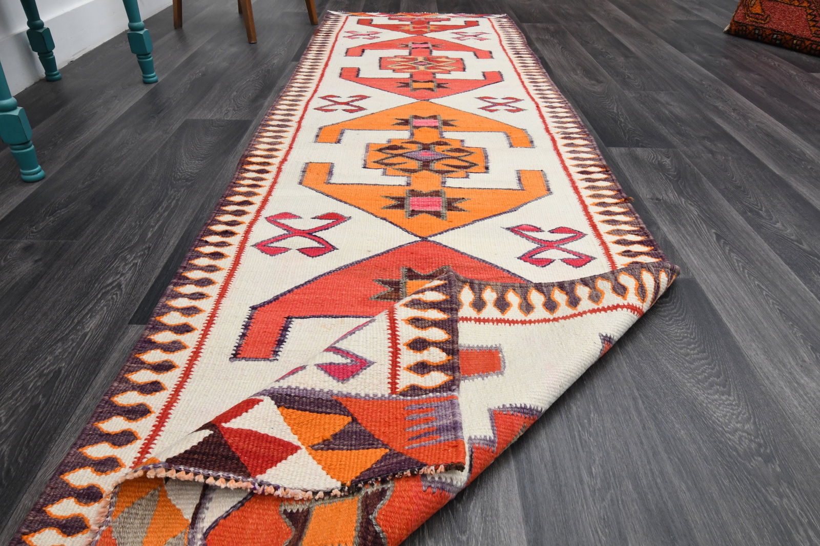 3.1x10 ft, White & Red KILIM Runner - 8