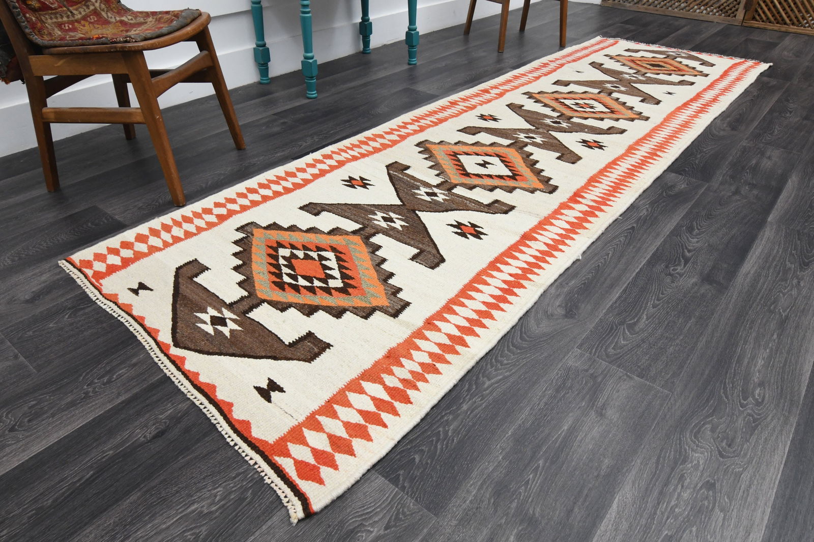 3.7x11.1 ft, White Bohemian KILIM Rug: Title: 3.7x11.1 ft, White Bohemian KILIM Rug Description: This Turkish one-of-a-kind Vintage Flatweave Kilim Rug is hand-knotted and handwoven by the most skilled artisans who use pure wool, in