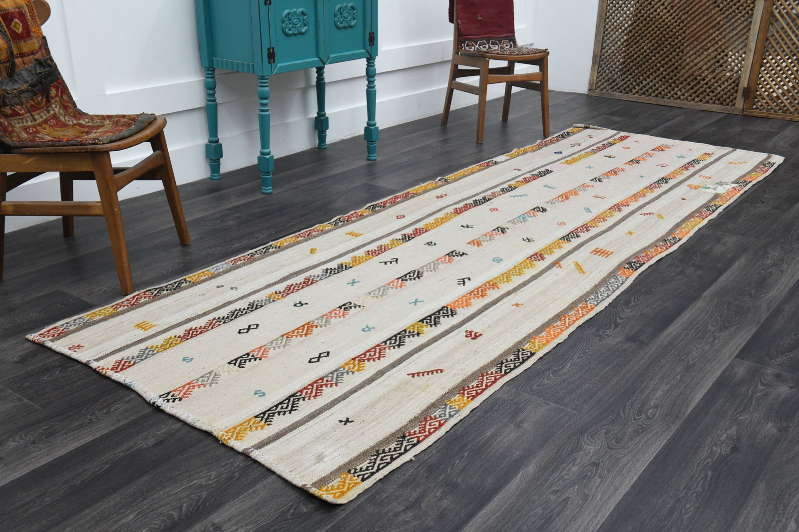 3.8x11.3 ft, TURKISH KILIM Runner: Title: 3.8x11.3 ft, TURKISH KILIM Runner Description: This Turkish one-of-a-kind Vintage Flatweave Kilim Rug is hand-knotted and handwoven by the most skilled artisans who use pure wool, in vibrant,